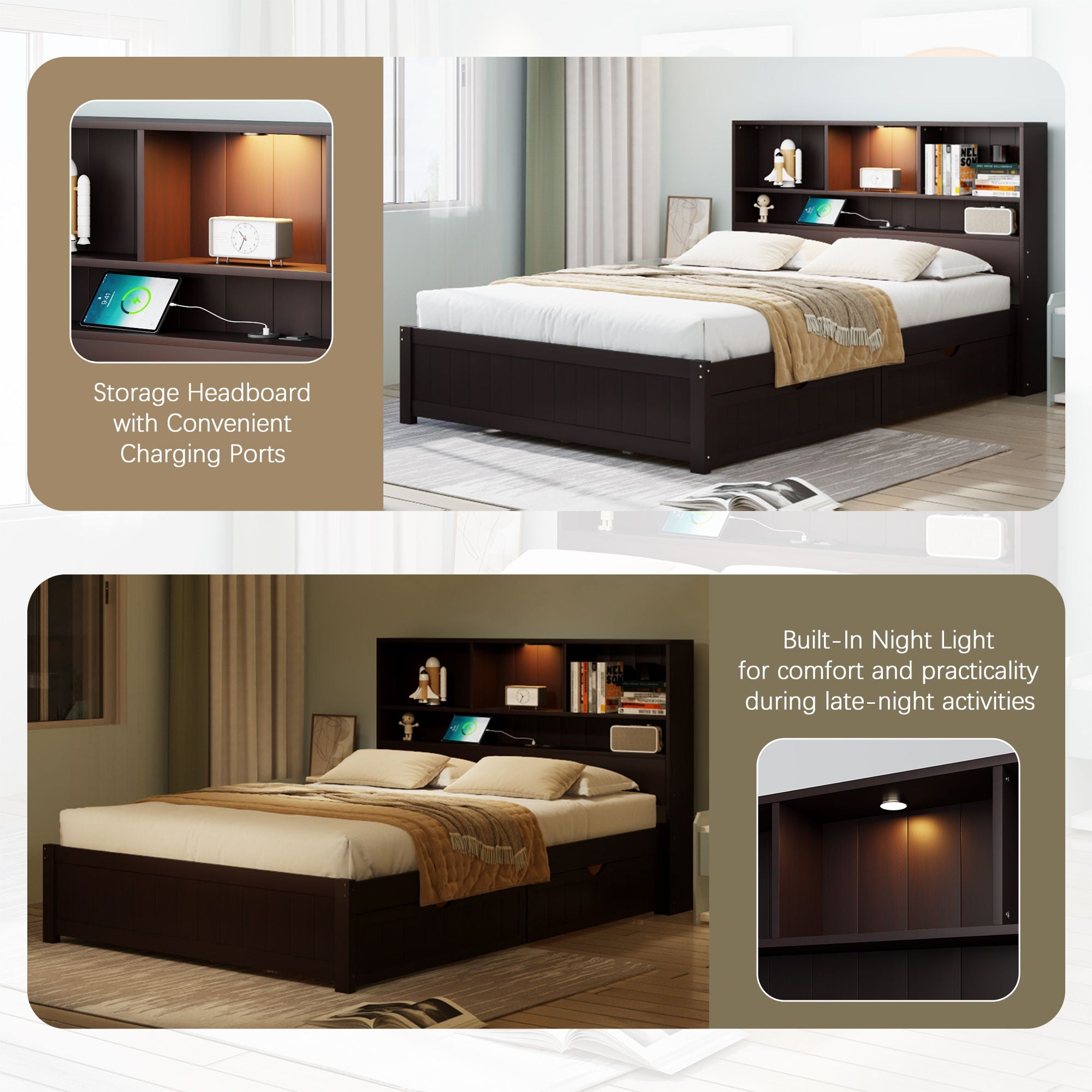 Platform Bed With Bookcase Headboard, Built-In Downlight, Charging Station, And 2 Side Drawers