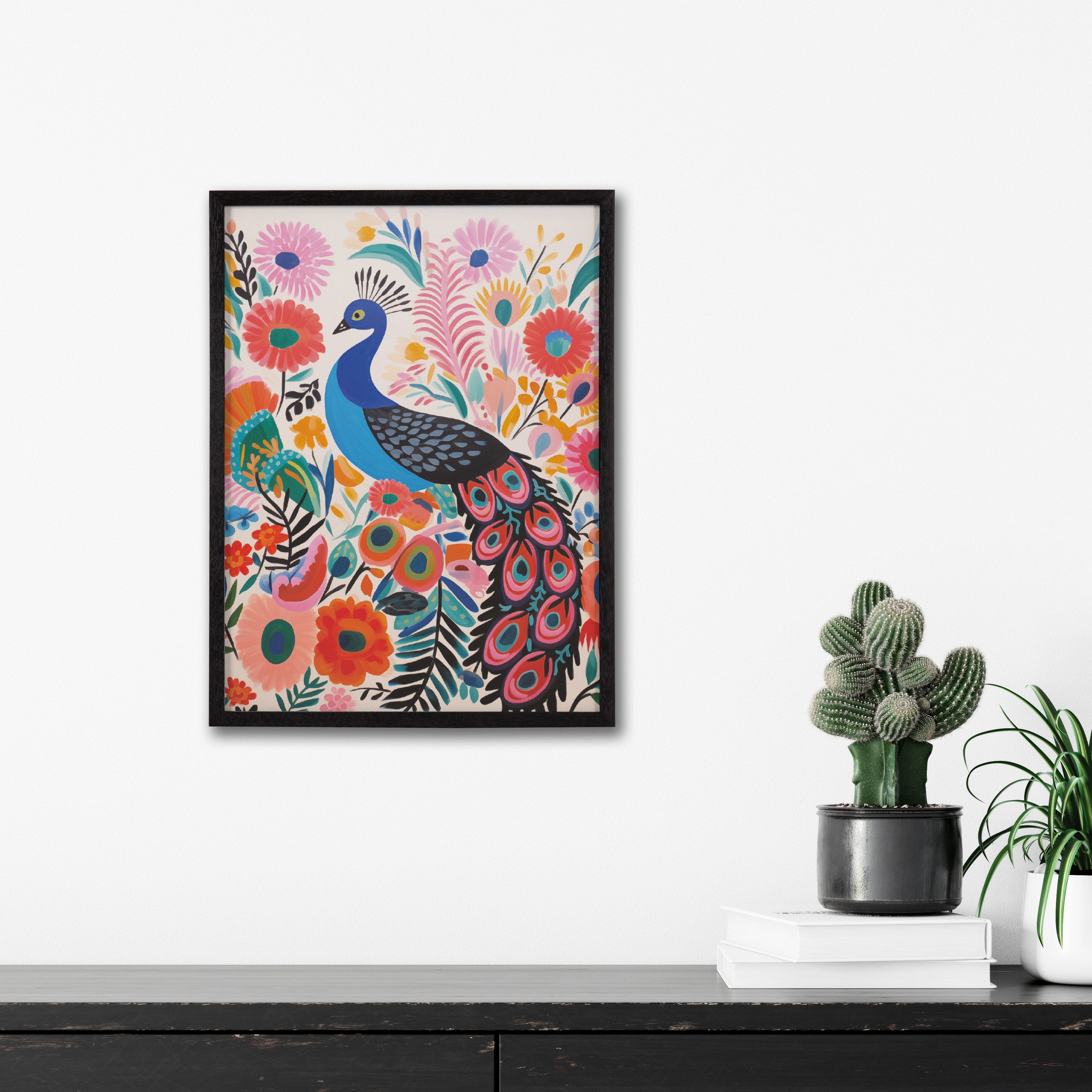 Gallery Bright Colorful Boho Peacock and Botanicals Print by The Creative Bunch Studio