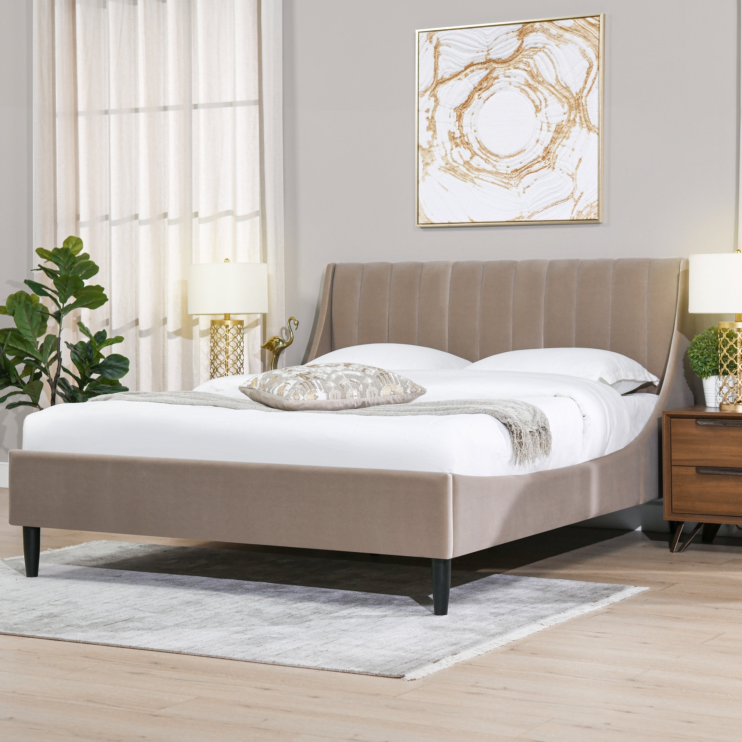 Aspen Vertical Tufted Modern Headboard Platform Bed Set, Queen, Mink Beige Performance Velvet