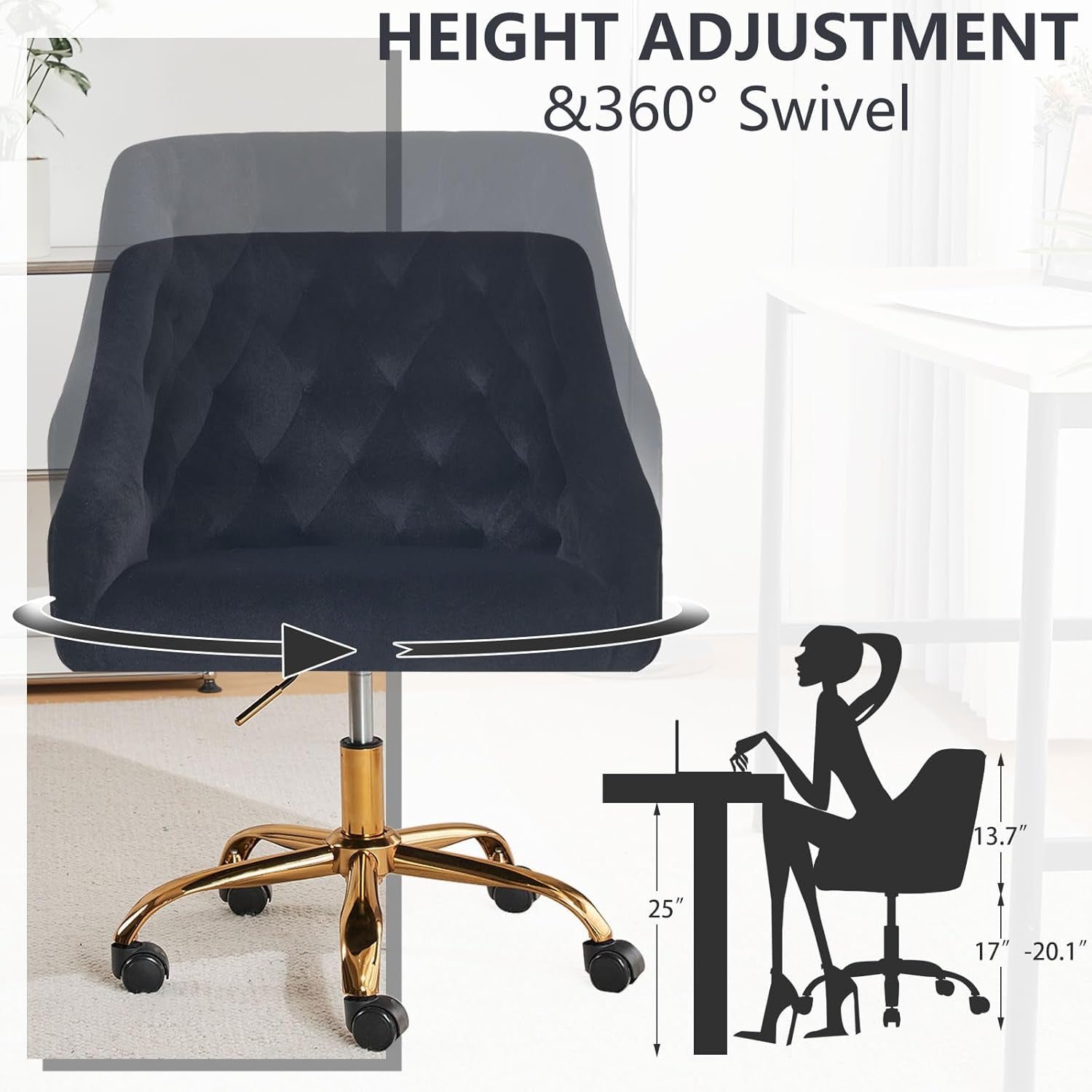 Black Velvet Office Chair 360 Swivel For Home Office