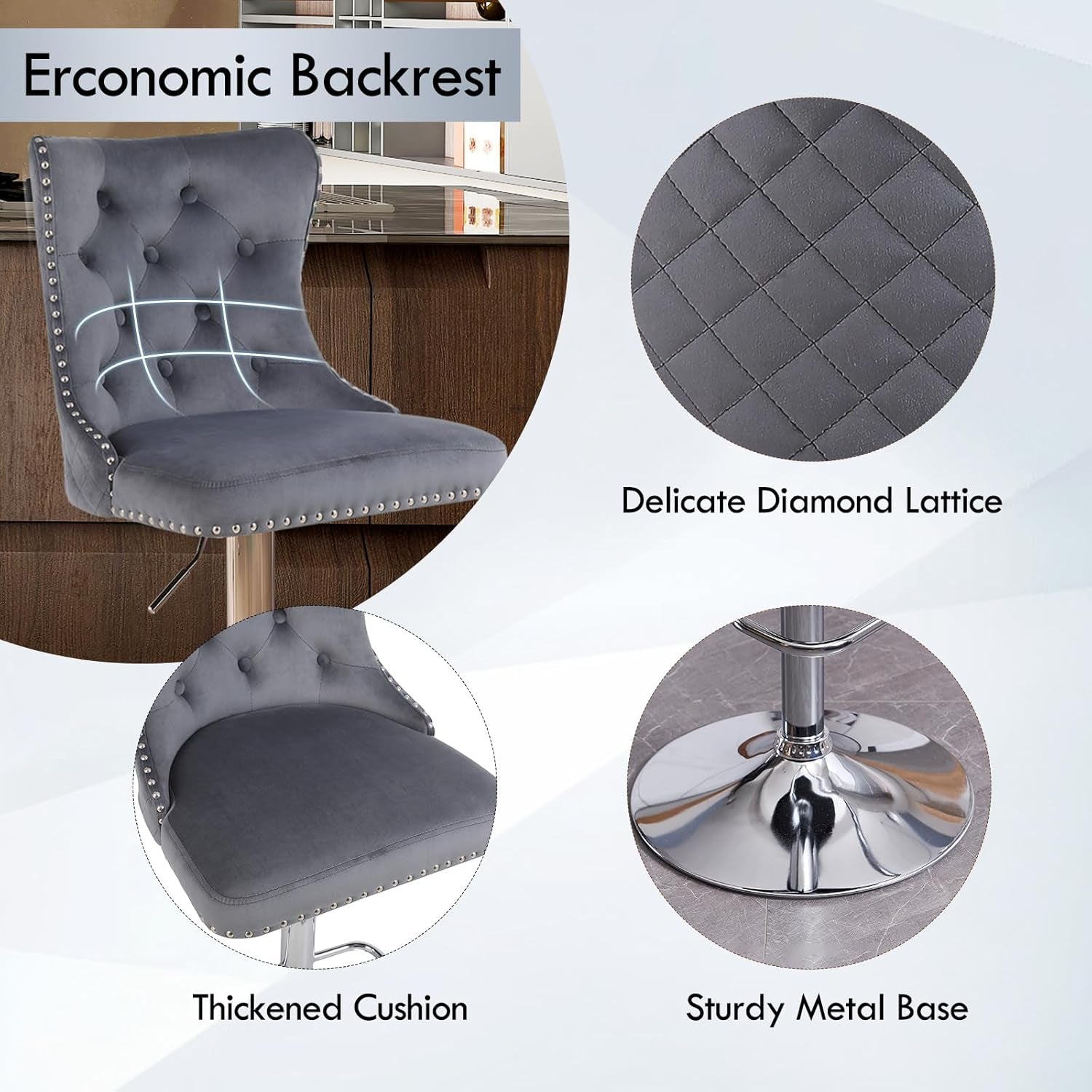 Velvet Adjustable Swivel Bar Stools Dark Grey Set Of 4