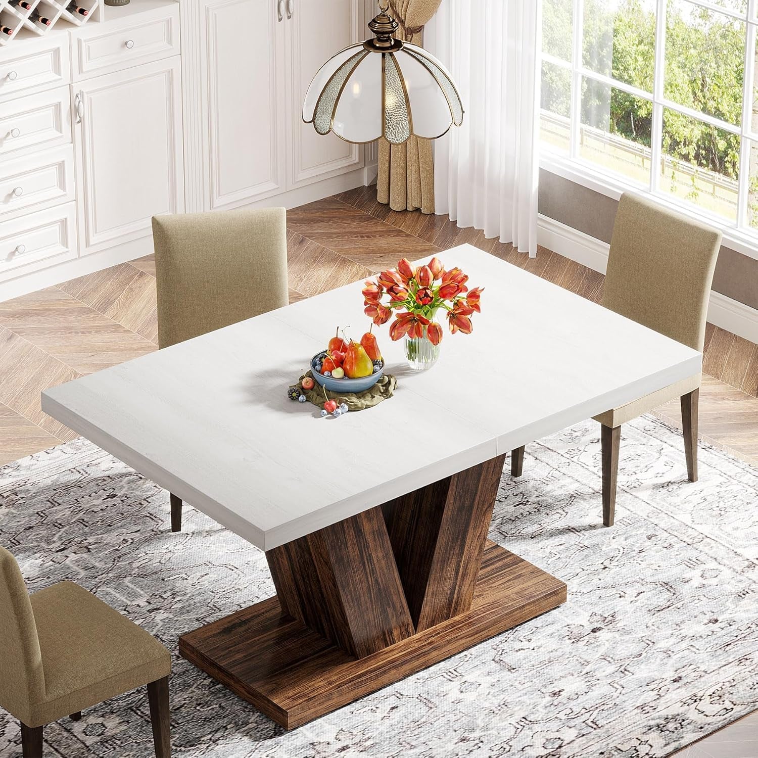 47 Inch White Oak Dining Table With Heavy Pedestal Base