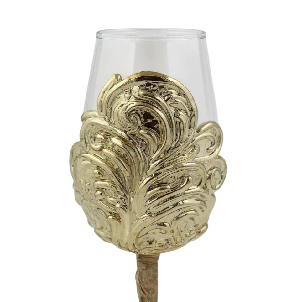 Set of 4 - Intricate Leaf/Ambi Design Wine Glasses | Decorative Drinkware | Statement Barware | Silver, Gold or Antique Finish-1