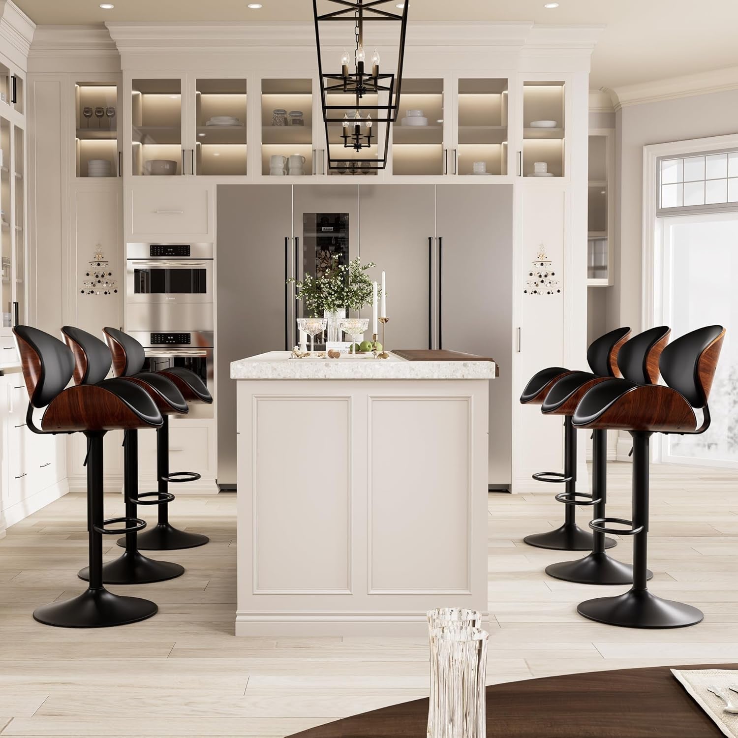 Black PU Leather Bar Stools With Back 21 Inch Wide