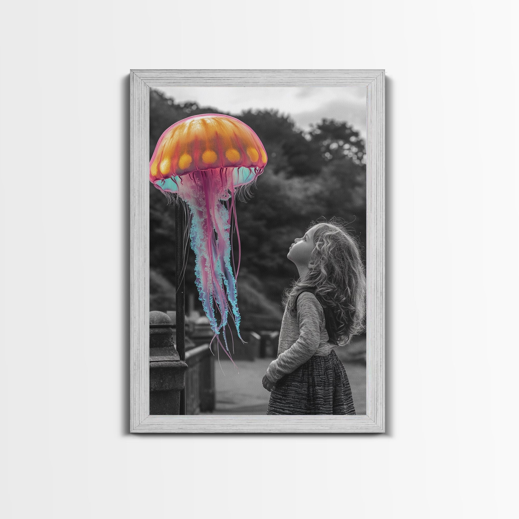 Surreal Jellyfish, Child Wonder, Fantasy Ocean Scene, Framed Canvas Print, Kids Room Wall Art, Vibrant Color Pop Art, Dreamy Decor