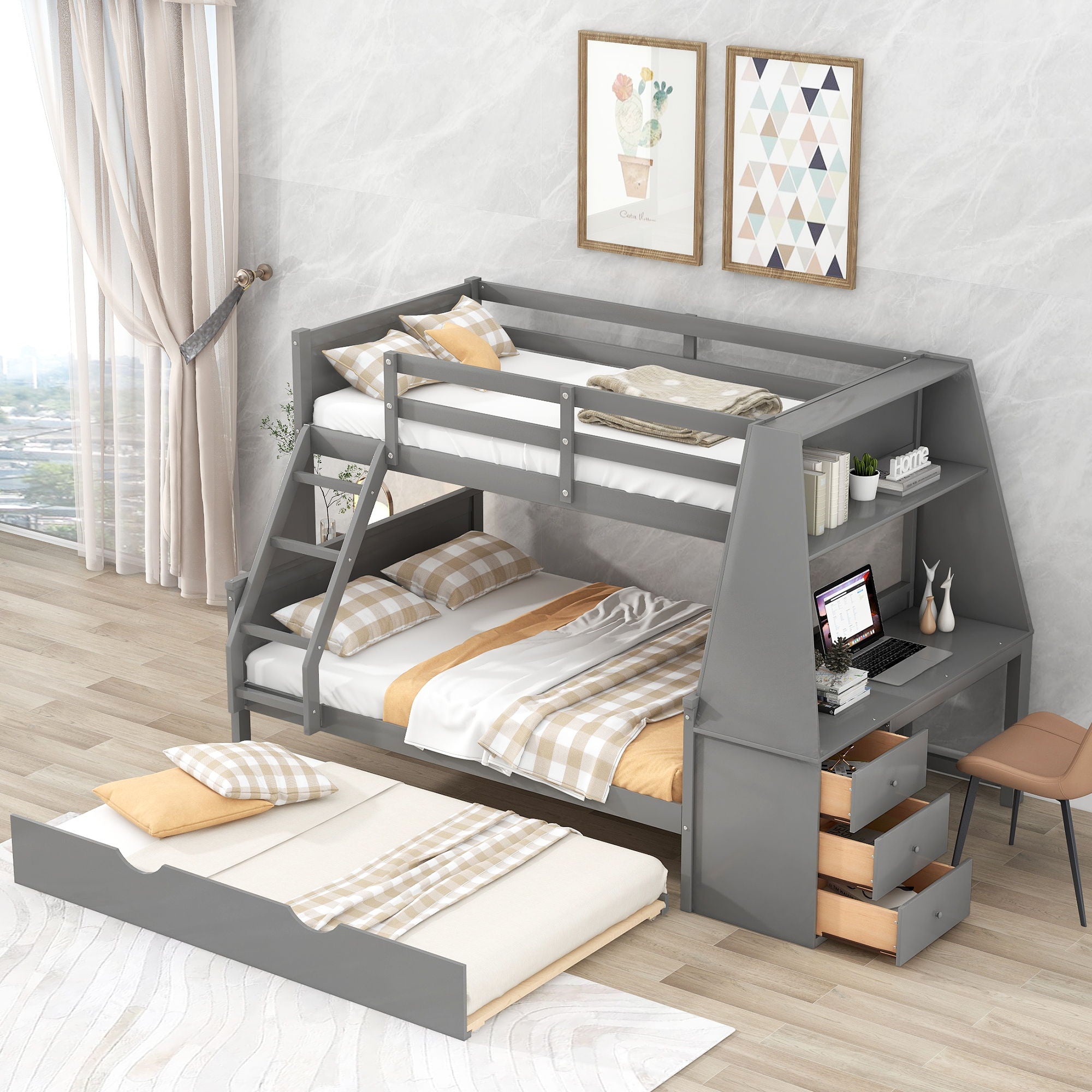 Bunk Bed With Trundle And Built In Desk, 3 Storage Drawers And Shelf