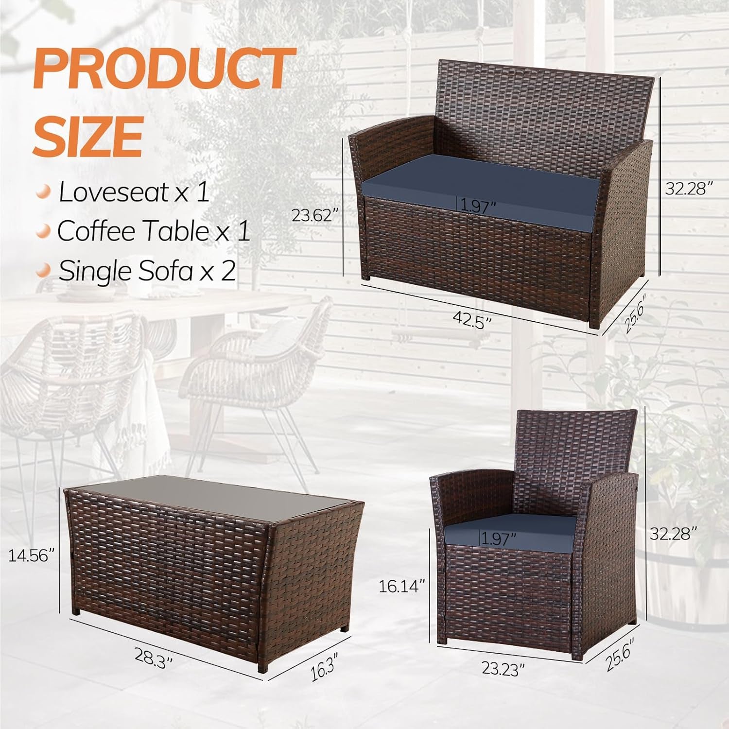 4 Piece Outdoor Patio Furniture Set Wicker Sofa With Coffee Table Gray Cushions