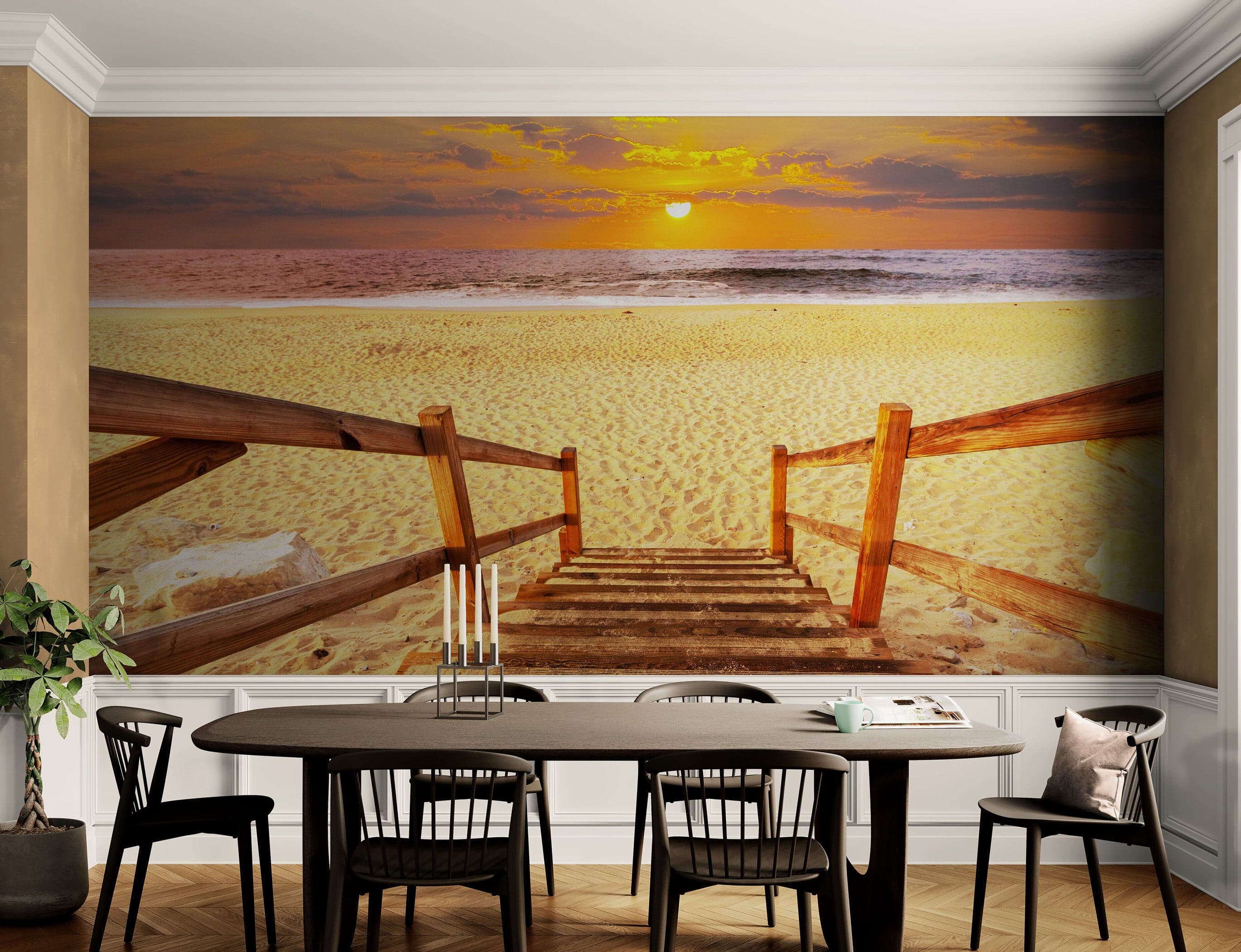 Yellow Sunset on Beach Wallpaper Mural. #6049