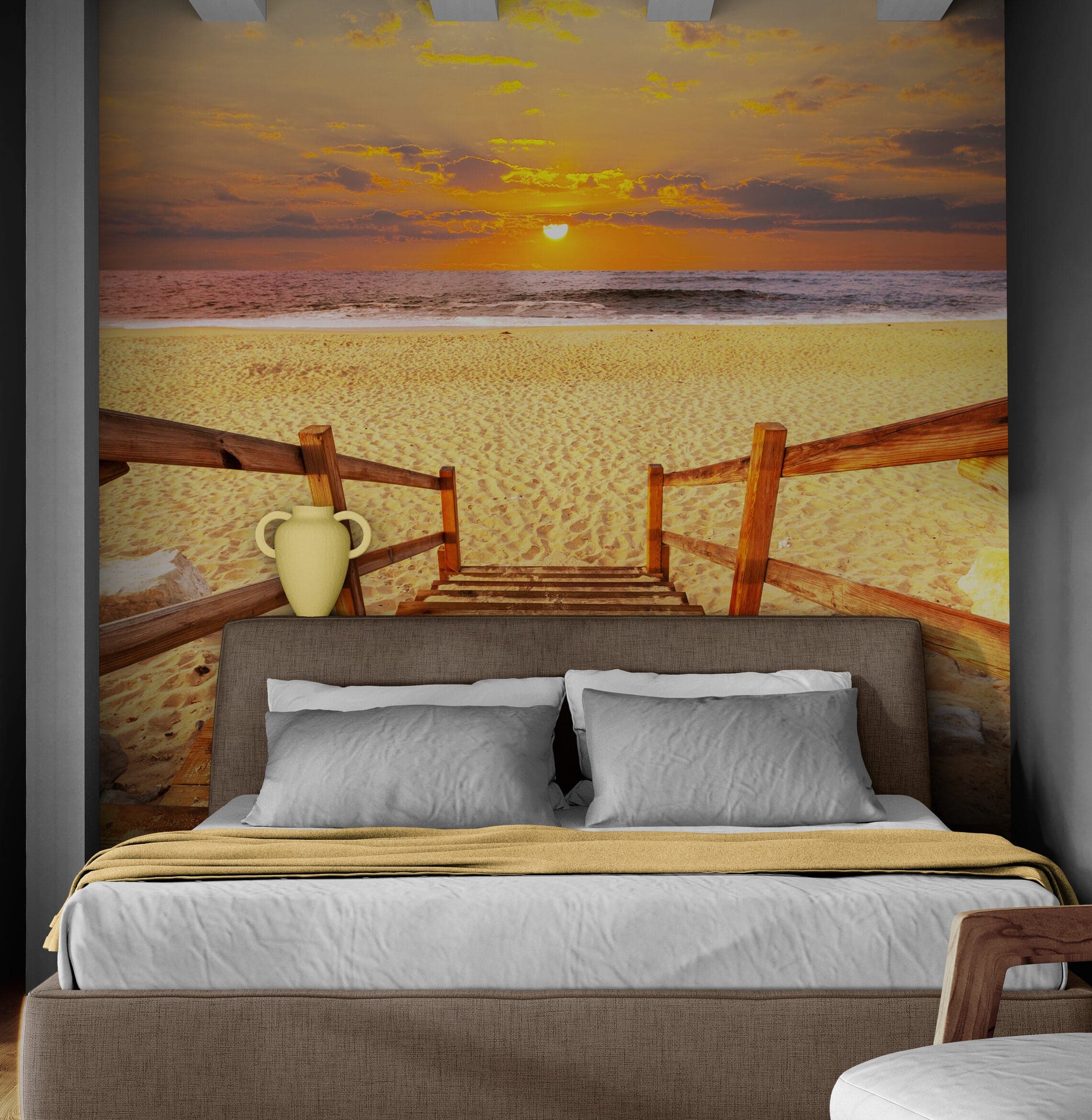 Yellow Sunset on Beach Wallpaper Mural. #6049