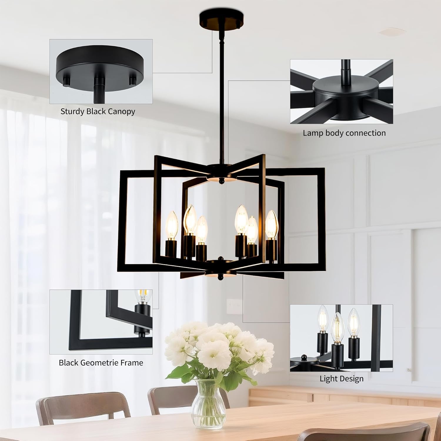 Black Adjustable 6 Light Pendant Chandelier For Dining Room-4