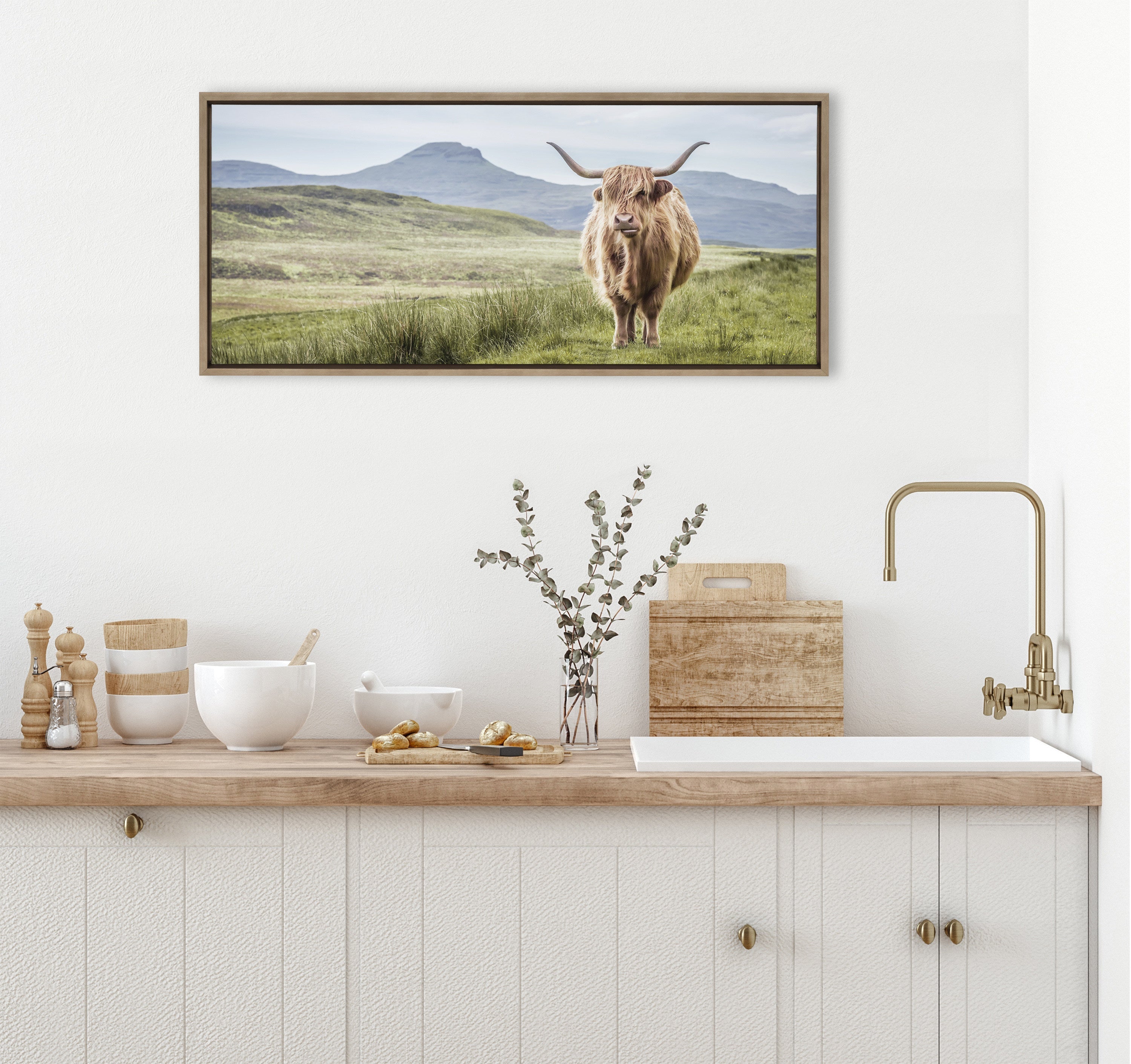 Sylvie Highland Cow Mountain Landscape Framed Canvas by The Creative Bunch Studio