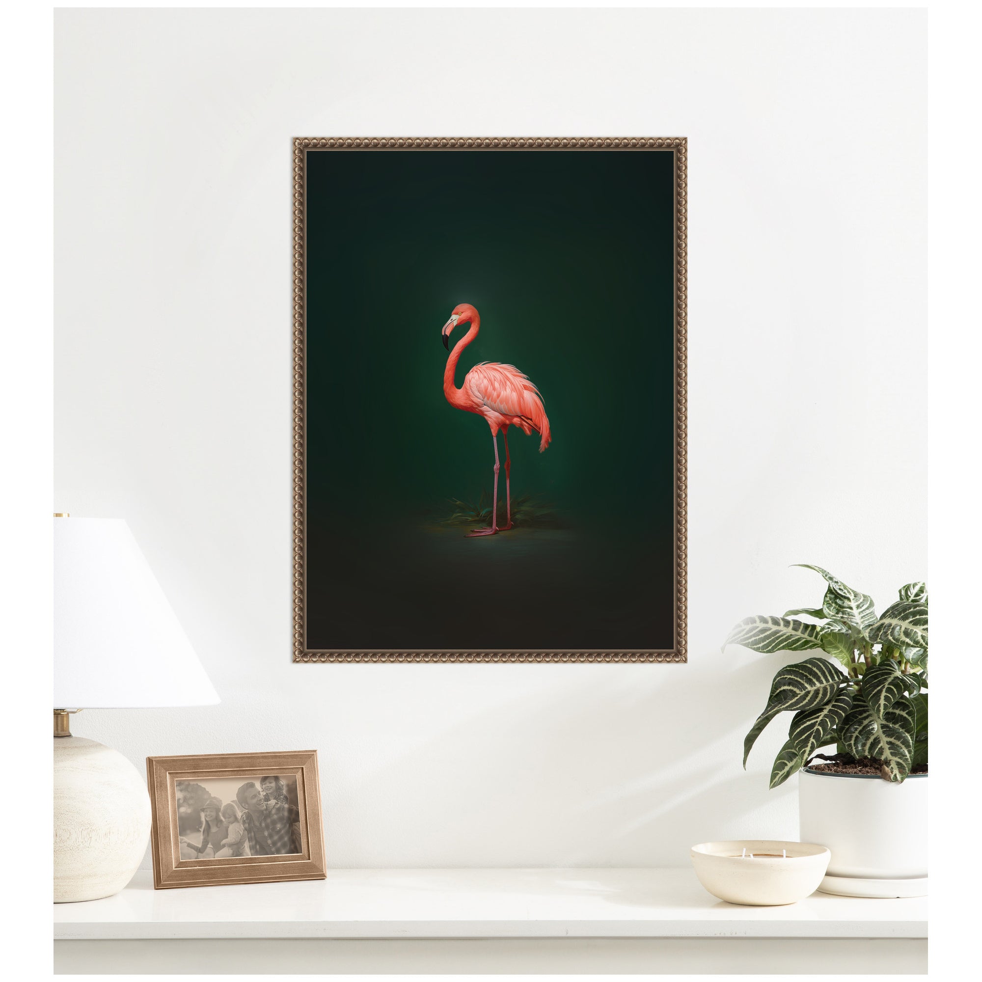 Flamingo Side View Rich Green Backdrop by The Creative Bunch Studio Framed Canvas Wall Art Print