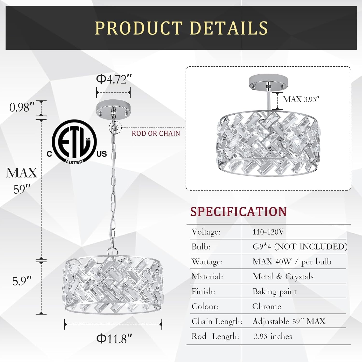 Chrome Crystal Chandelier 12 Inch Light Semi Flush-2