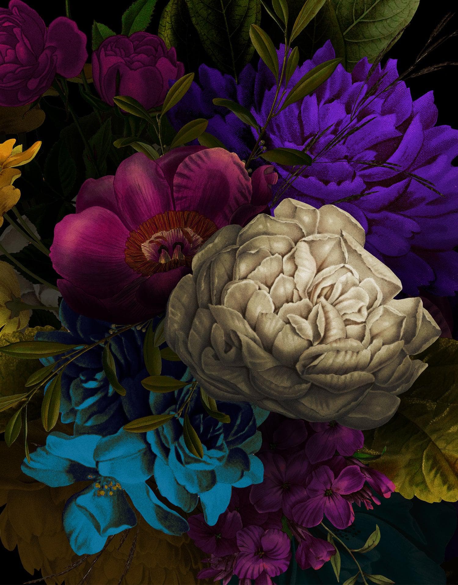Melancholy Flower Wall Mural. Black background. #6130