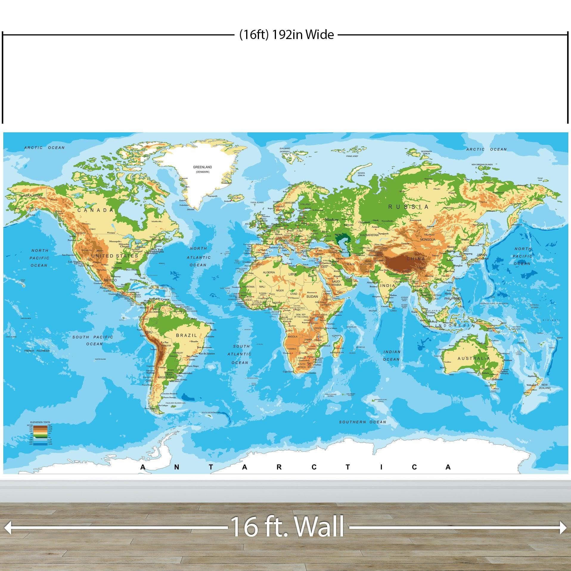 Large Blue World Map Wall Mural. #6134