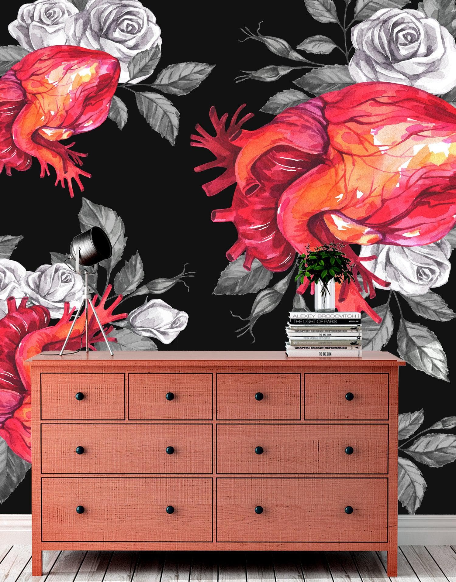 Valentines Hearts and Roses Watercolor Pattern Wall Mural. Black background. #6136