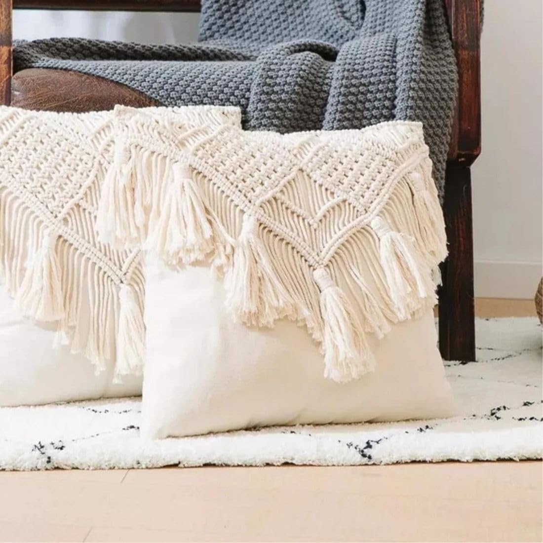 Handmade Macrame Cushion Covers | 40x40cm | Organic Cotton | Boho Style | Off White | Textured-2
