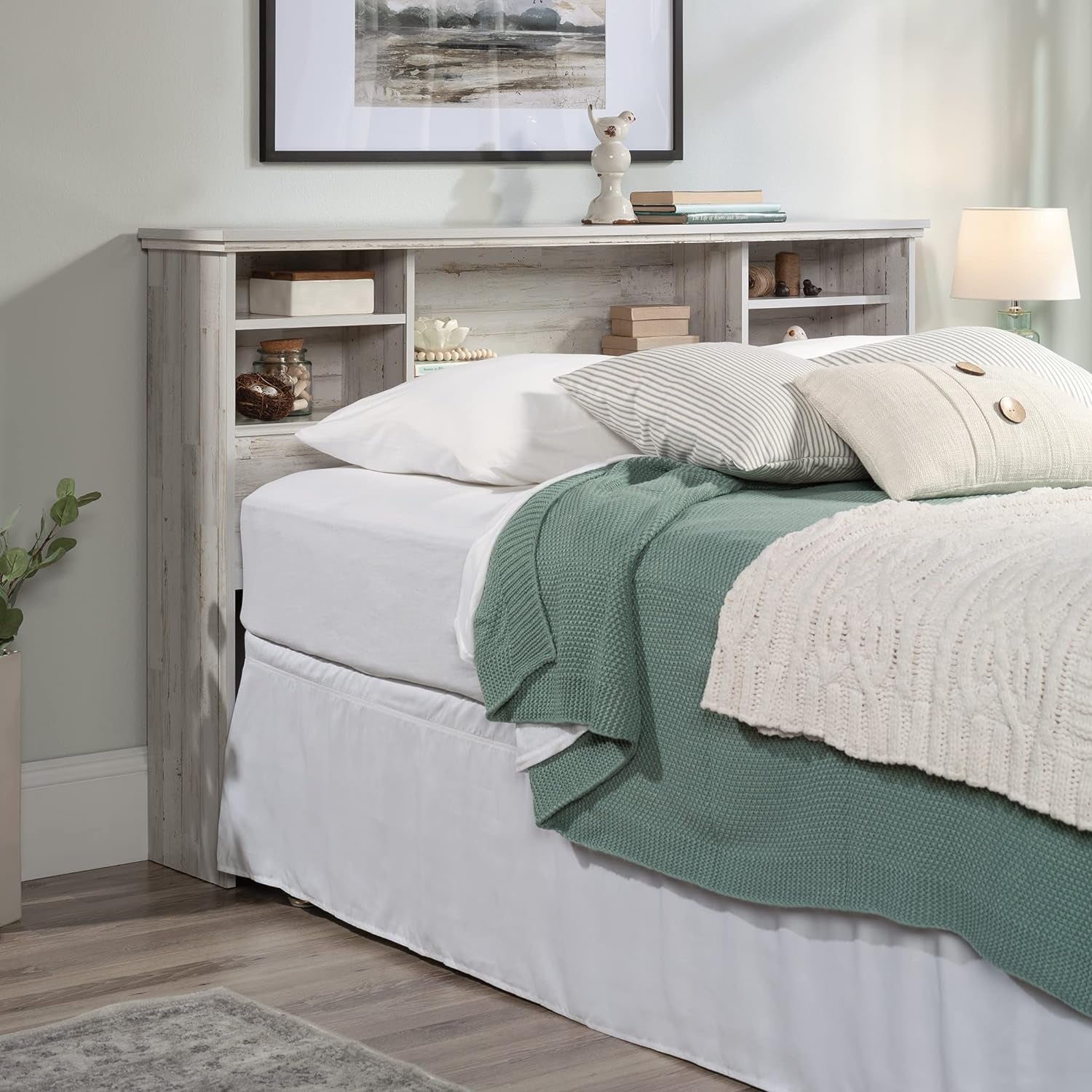 Versatile White Plank Headboard with Adjustable Storage Shelves
