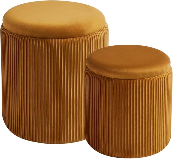 Round Set of 2 Ottoman with Storage-Upholstered Velvet Vanity Stool for Makeup Multifunctional Ottomans Coffee Table Padded Seat Foot Rest for Living Room&Bedroom (Yellow)