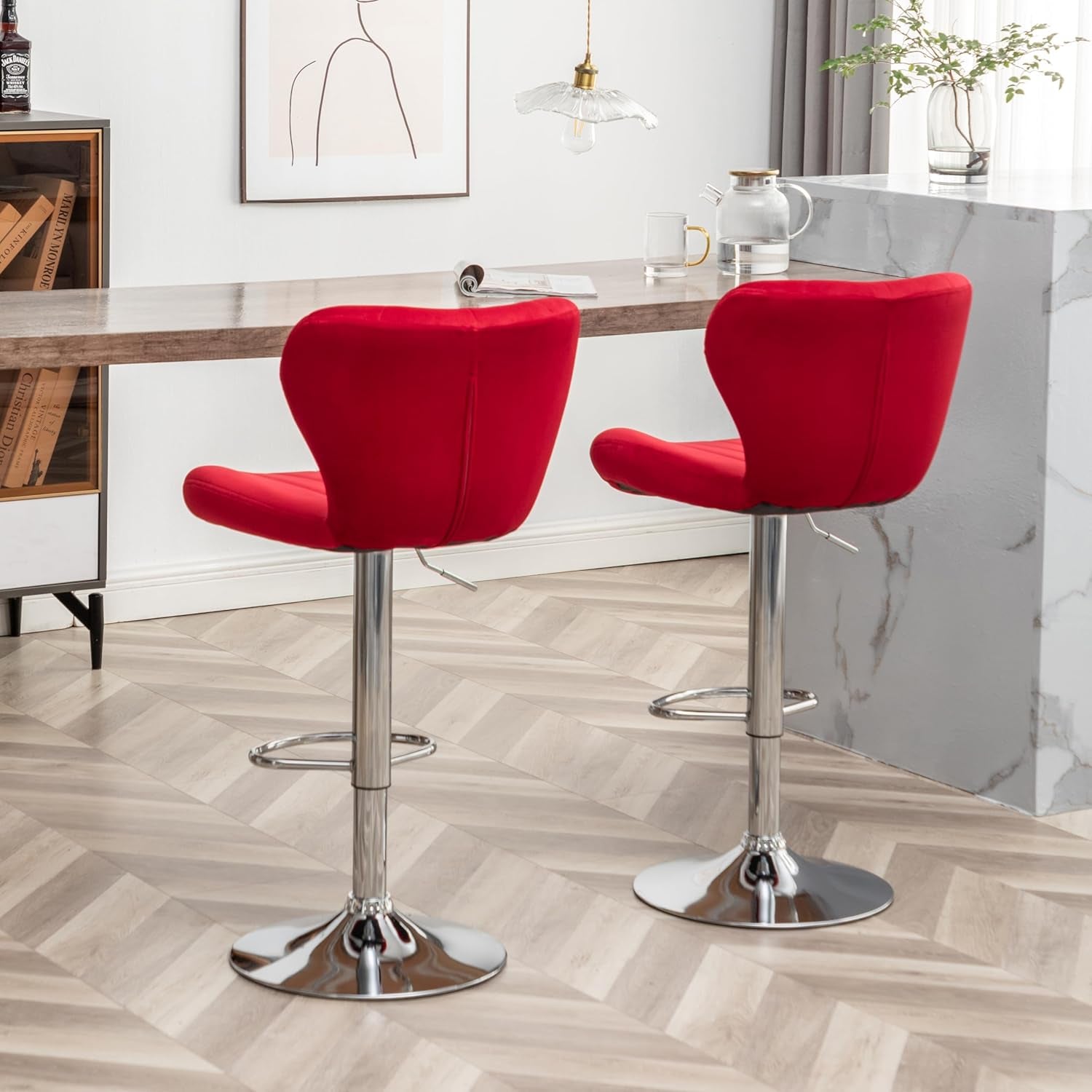 Velvet Adjustable Swivel Bar Stool Set Of 2 In Red