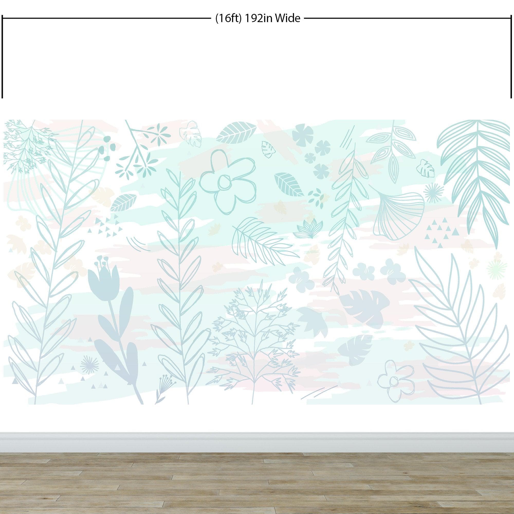 Pastel Botanical Nature Wallpaper Mural. Leafs and Flowers Design. #6195