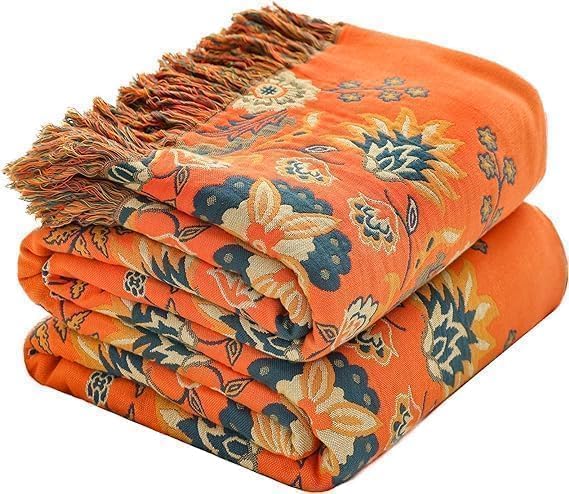 Throw Blanket for Couch Bed Chair,100% Cotton Soft Lightweight Blanket Rustic Quilt -Orange Floral Printed Farmhouse Decor Bed All Season Blankets,80"×90"