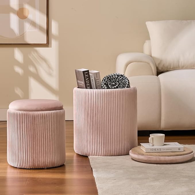 Round Set of 2 Ottoman with Storage-Upholstered Velvet Vanity Stool for MakeupMultifunctional Ottomans Coffee Table Padded Seat Foot Rest for Living Room&Bedroom(Pink)