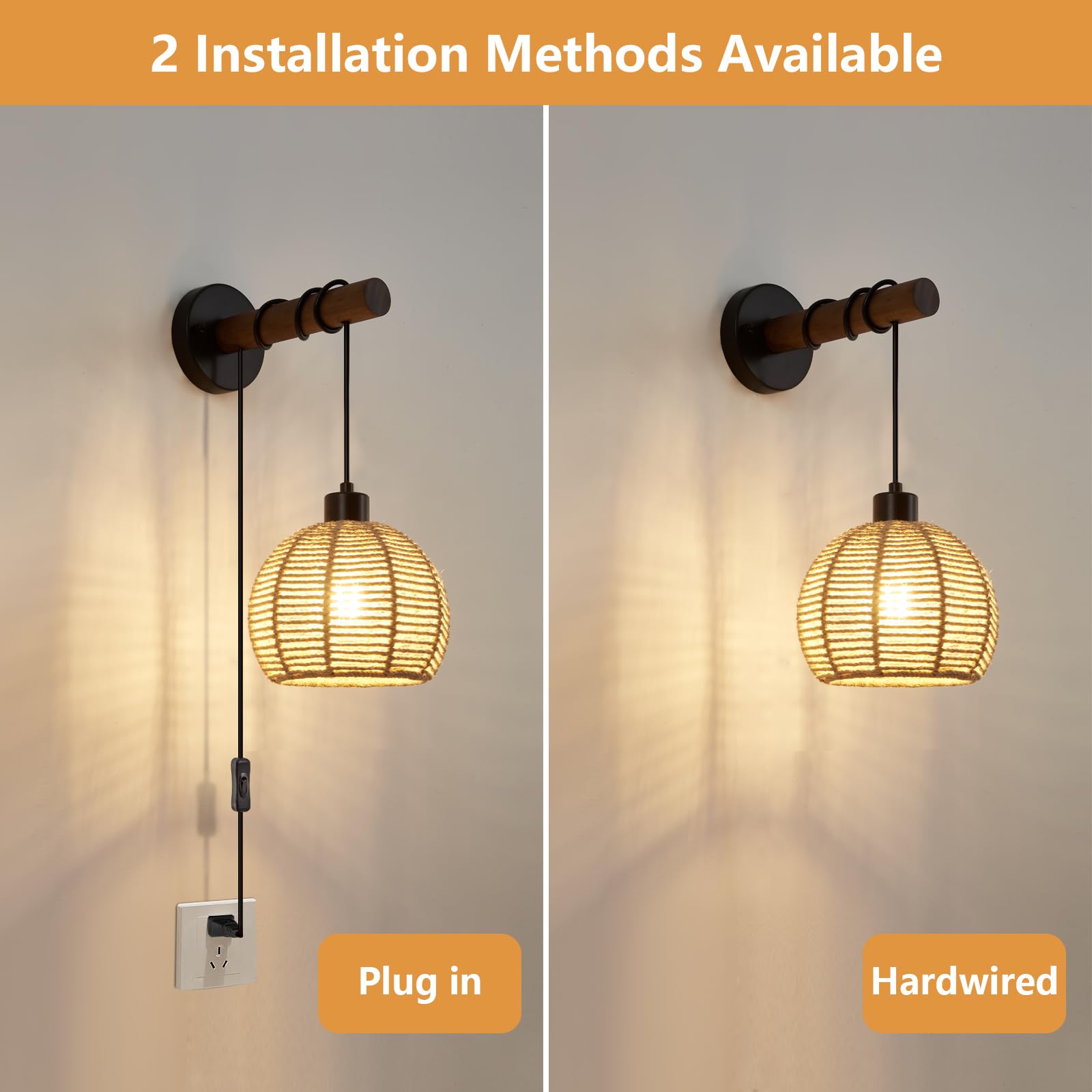 SGLfarmty Boho Rattan Plug-in Wall Sconces Set of 2 Rustic Hemp Rope