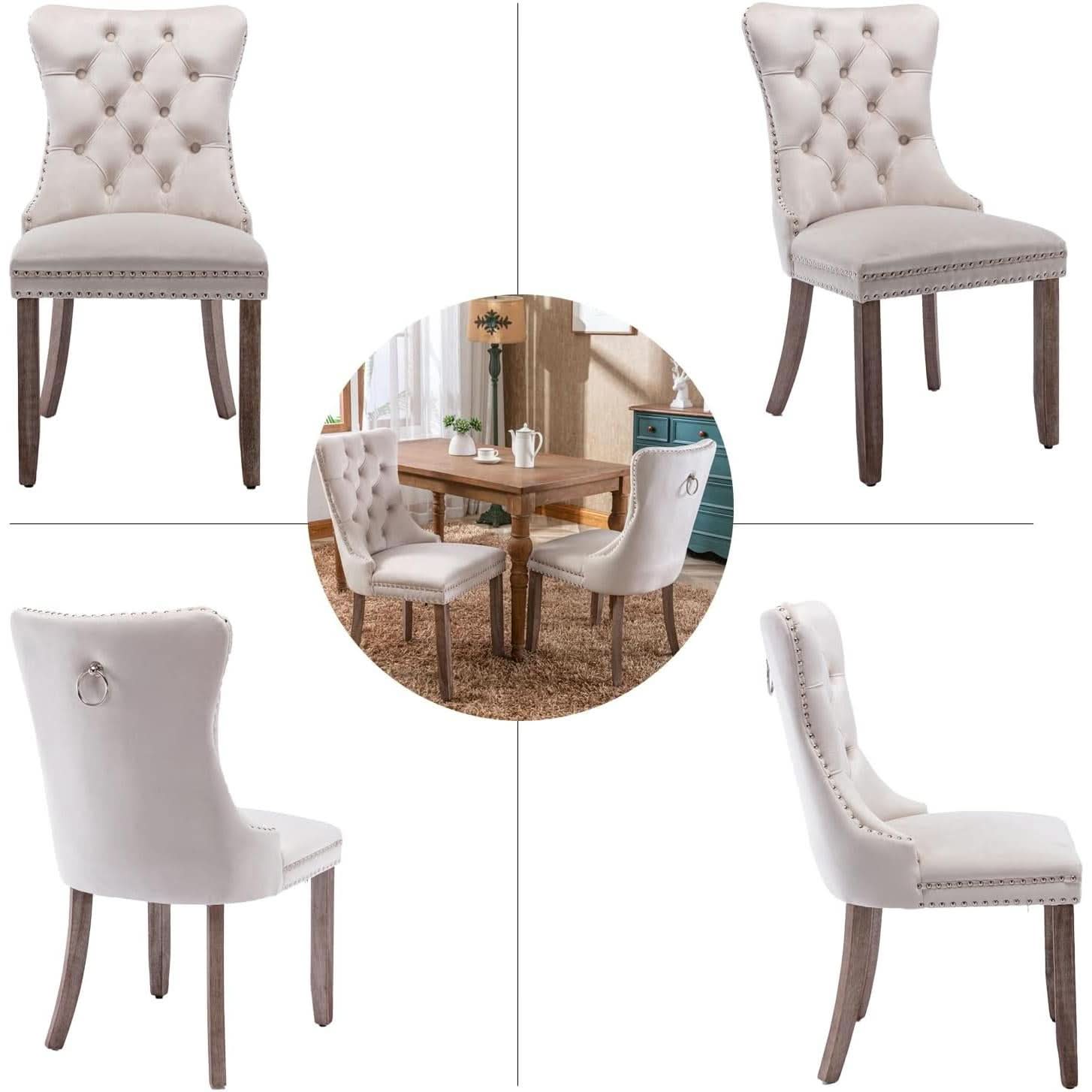 Beige Velvet Dining Chairs Set Of Six Tufted Wingback