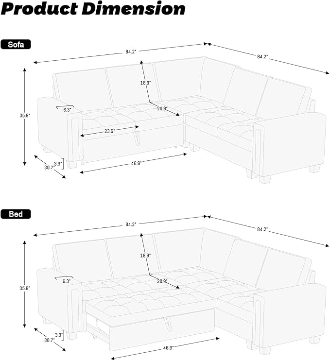 Belffin Modular Sectional Sleeper Sofa with Pull Out Couch Bed Velvet Convertible L Shaped Sectional Couch for Living Room Apartment Black