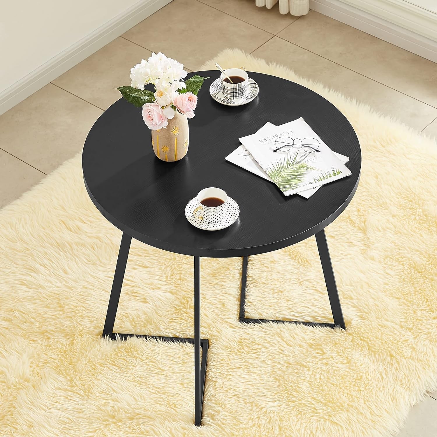 Round Black Woodgrain Top Dining Table With Steel Frame