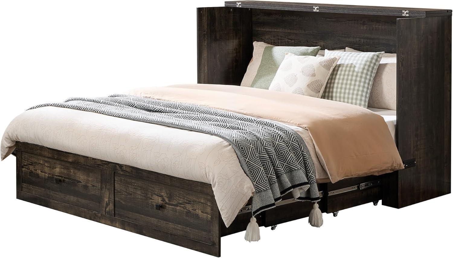 Black Oak Murphy Bed Cabinet With USB Charging Station Queen Size