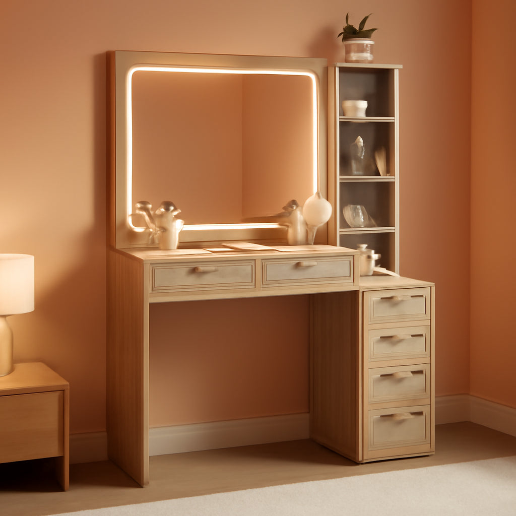 Rattan Vanity Desk Forty Three Point Five Inch GlassTop Mirror Lighting Natural Wood-0