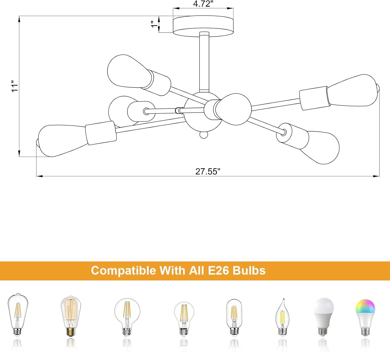 Black And Gold 6 Light Sputnik Ceiling Chandelier Semi Flush Mount UL Listed