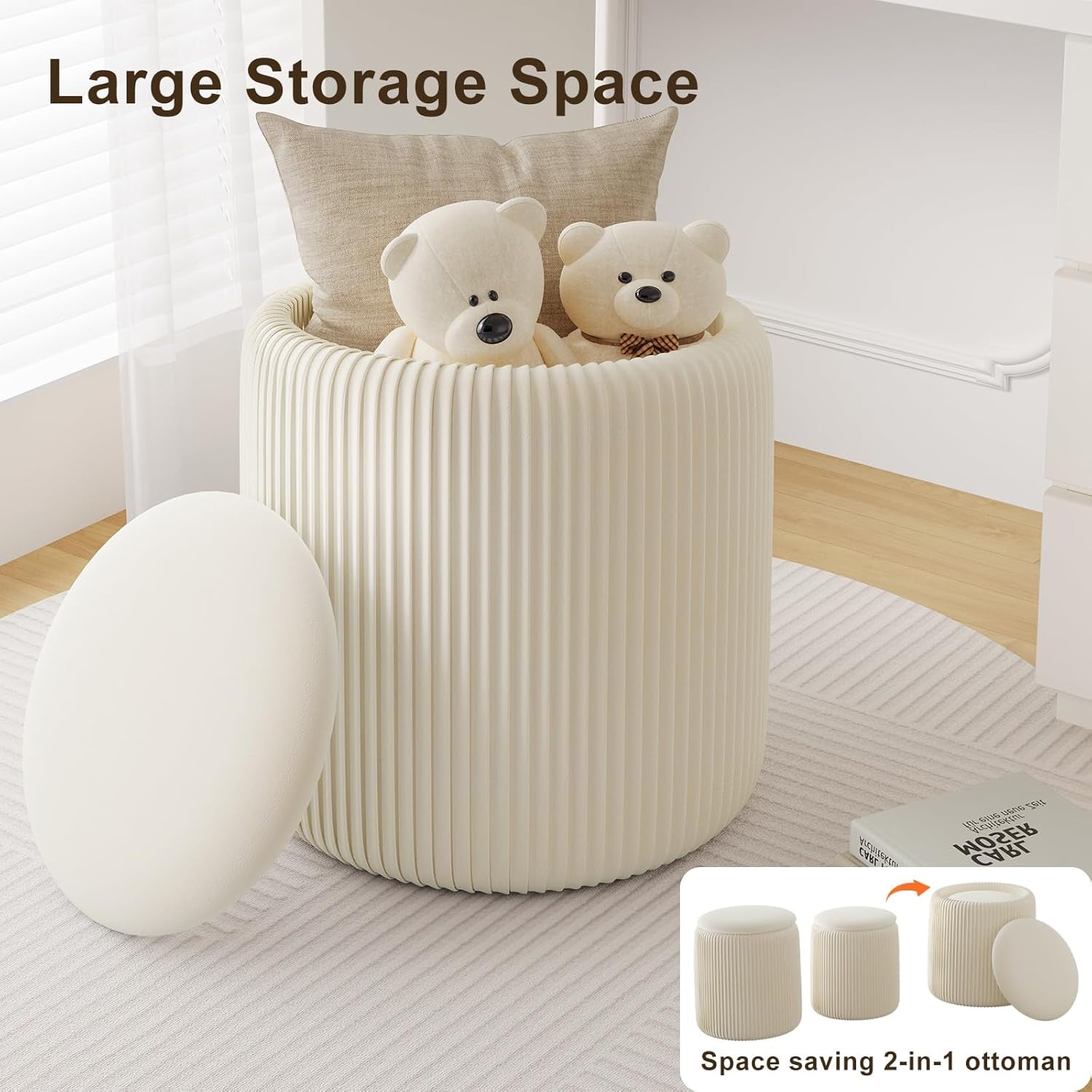 White Velvet Upholstered Storage Ottoman Vanity Set