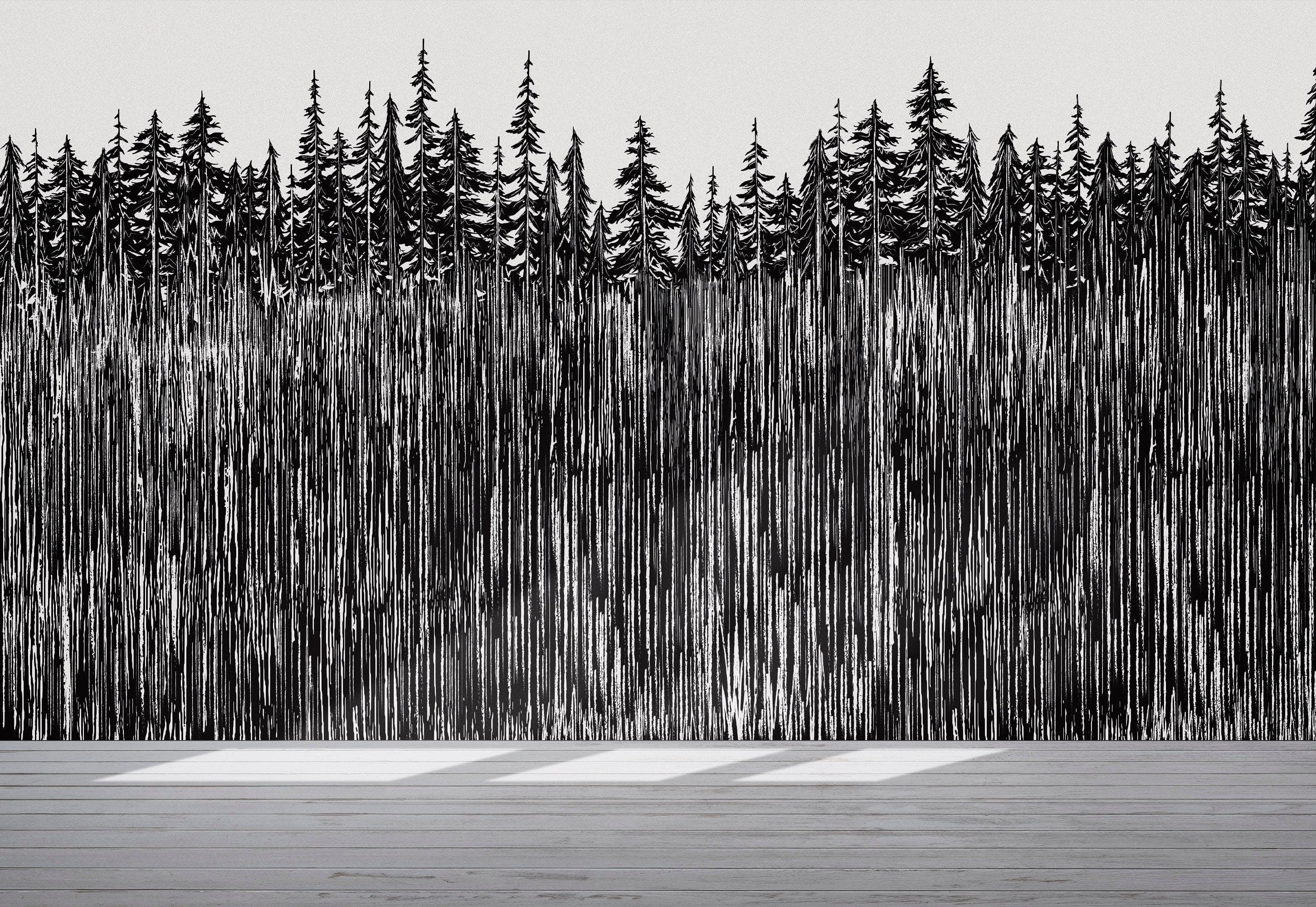 Forest Trees Trunks Grunge Illustration Wall Mural. Peel and Stick Wallpaper. Abstract Lines Silhouette Outdoors Scenery. #6345