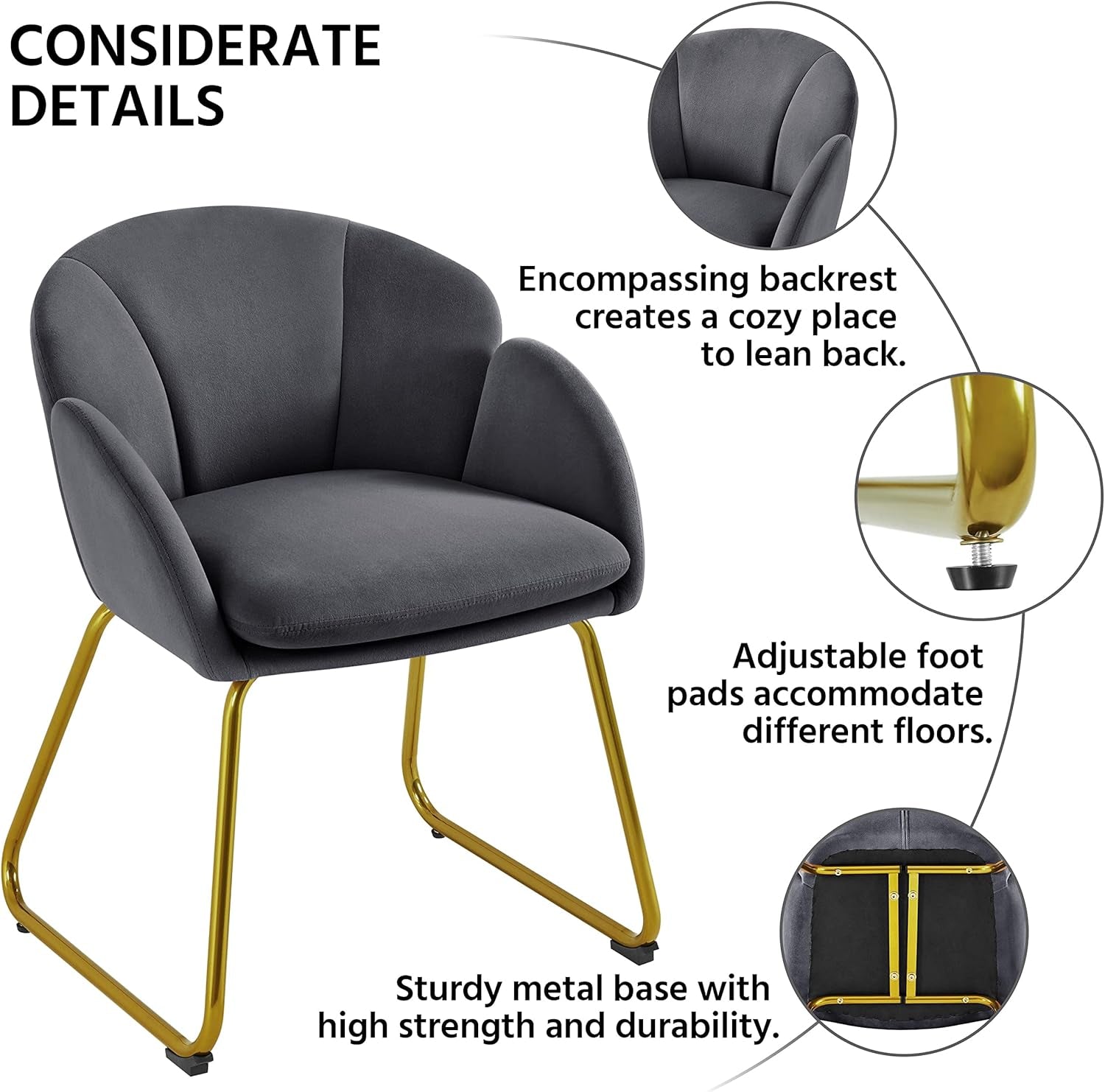 Flower Shape Velvet Armchair With Golden Legs Dark Gray