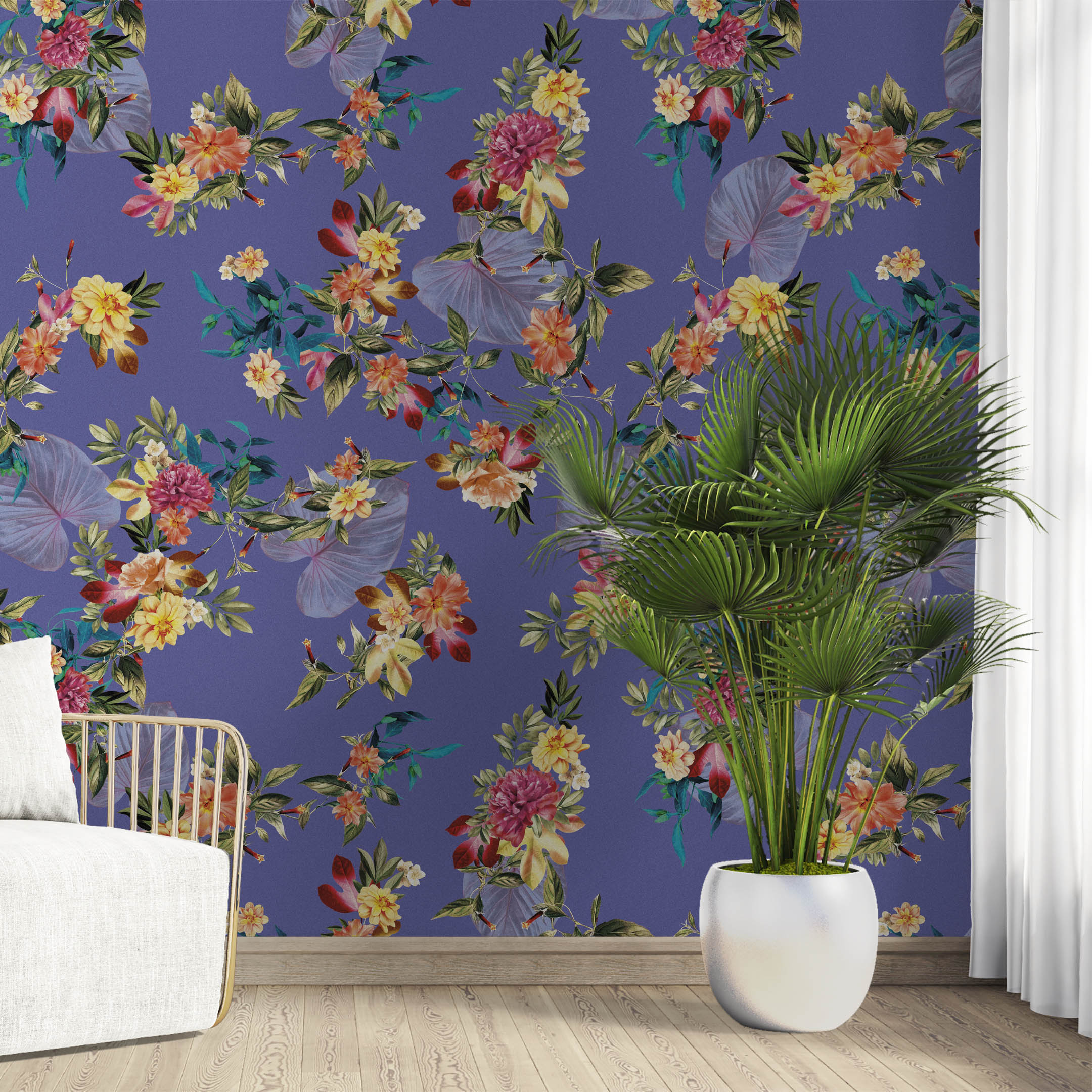 Tropical Flower Wall Mural. Paradise Botanical Flowers and Leave Purple Very Peri Color Background. #6376