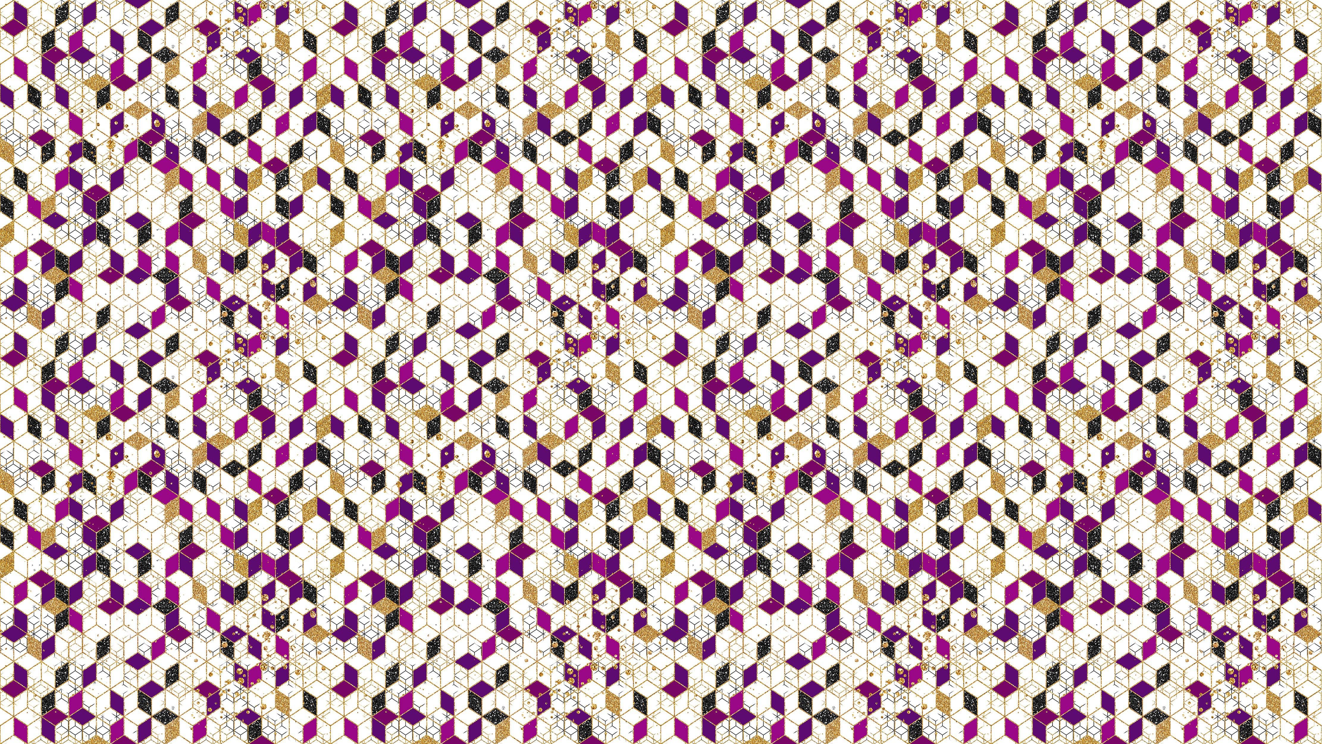 Abstract 3D Cube Shape Wall Mural. Geometric Cube Minimalistic Purple and Gold Peel and Stick Wallpaper. #6380