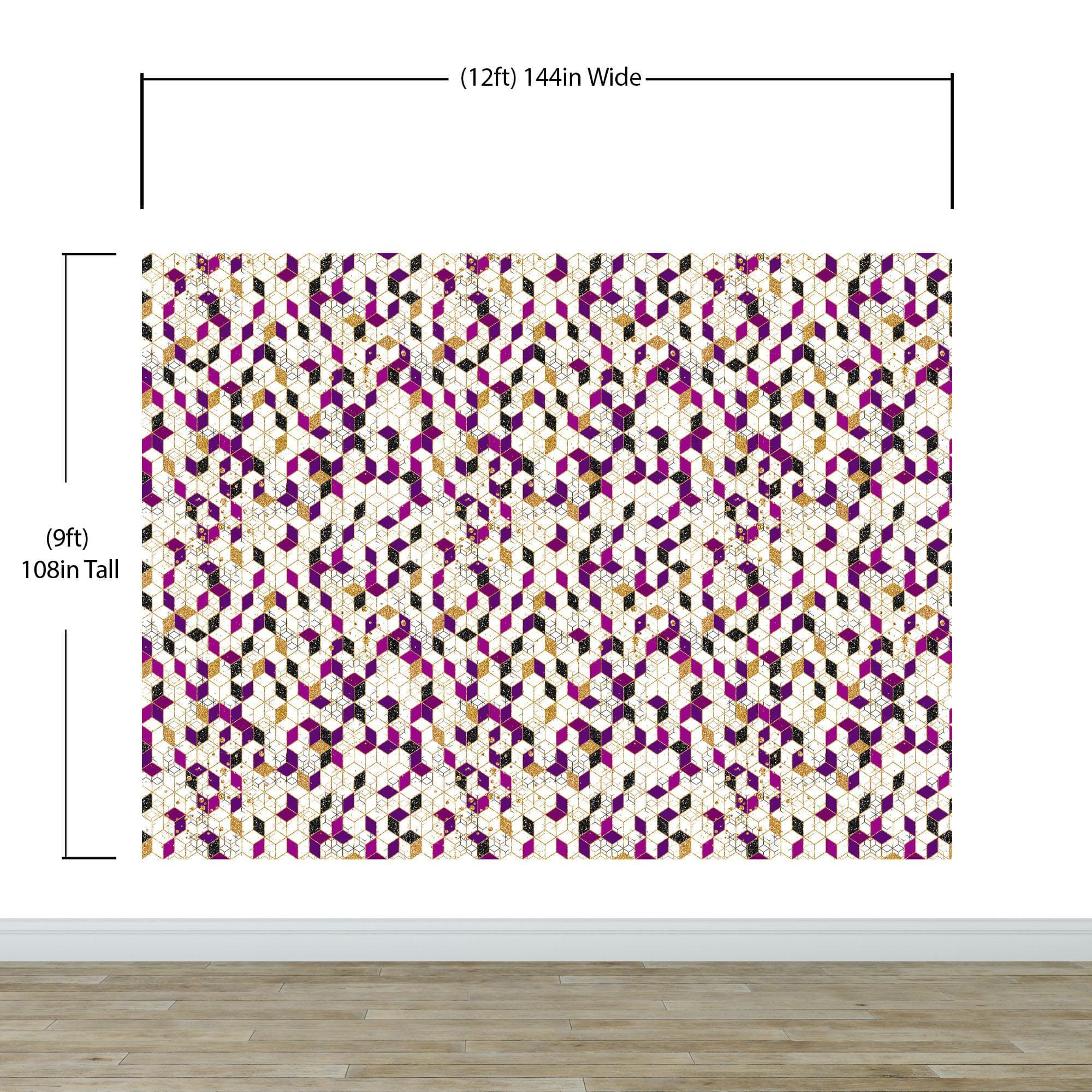 Abstract 3D Cube Shape Wall Mural. Geometric Cube Minimalistic Purple and Gold Peel and Stick Wallpaper. #6380