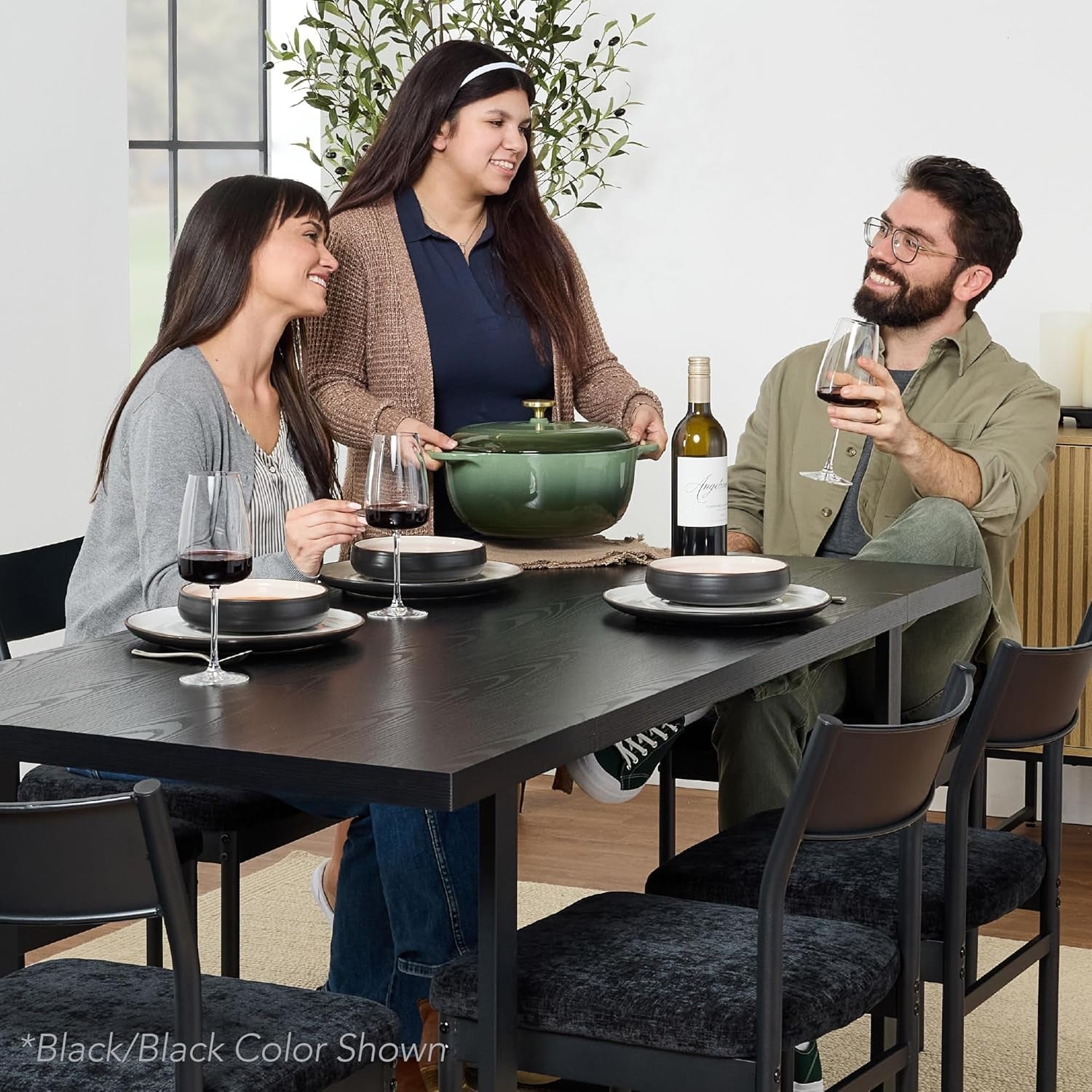 Six Seat Contemporary Dining Set Black Upholstered