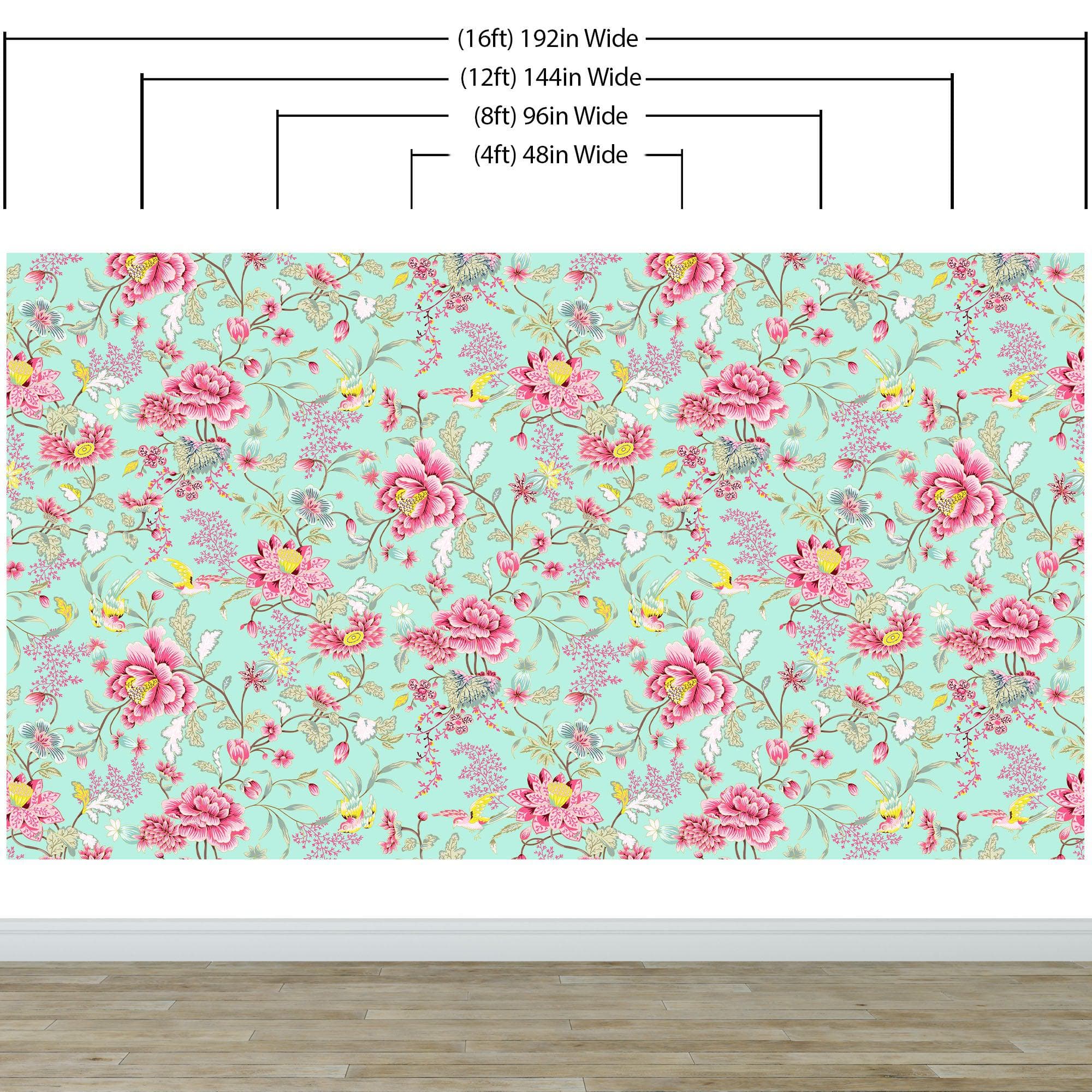 Mint Color Flower Pattern Wall Mural. Tropical Botanical Floral Peel and Stick Wallpaper. #6387