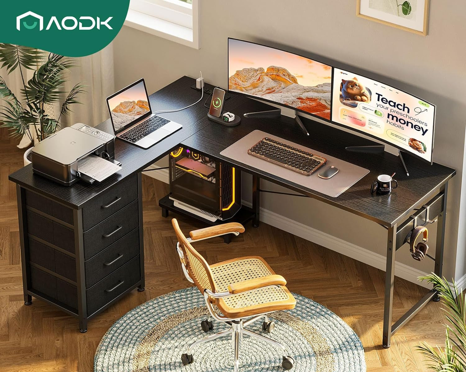 53 Inch L Shaped Gaming Desk With USB Ports For Home Office