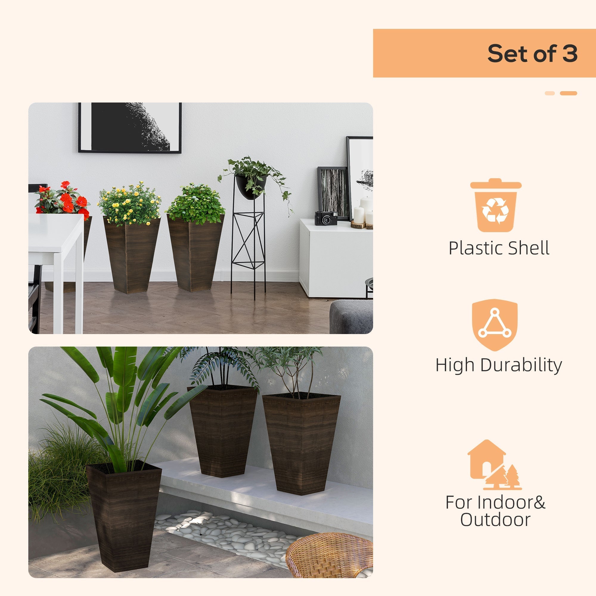 Outsunny 28" Tall Outdoor Planters - Set of 3 Large Tapered Planters