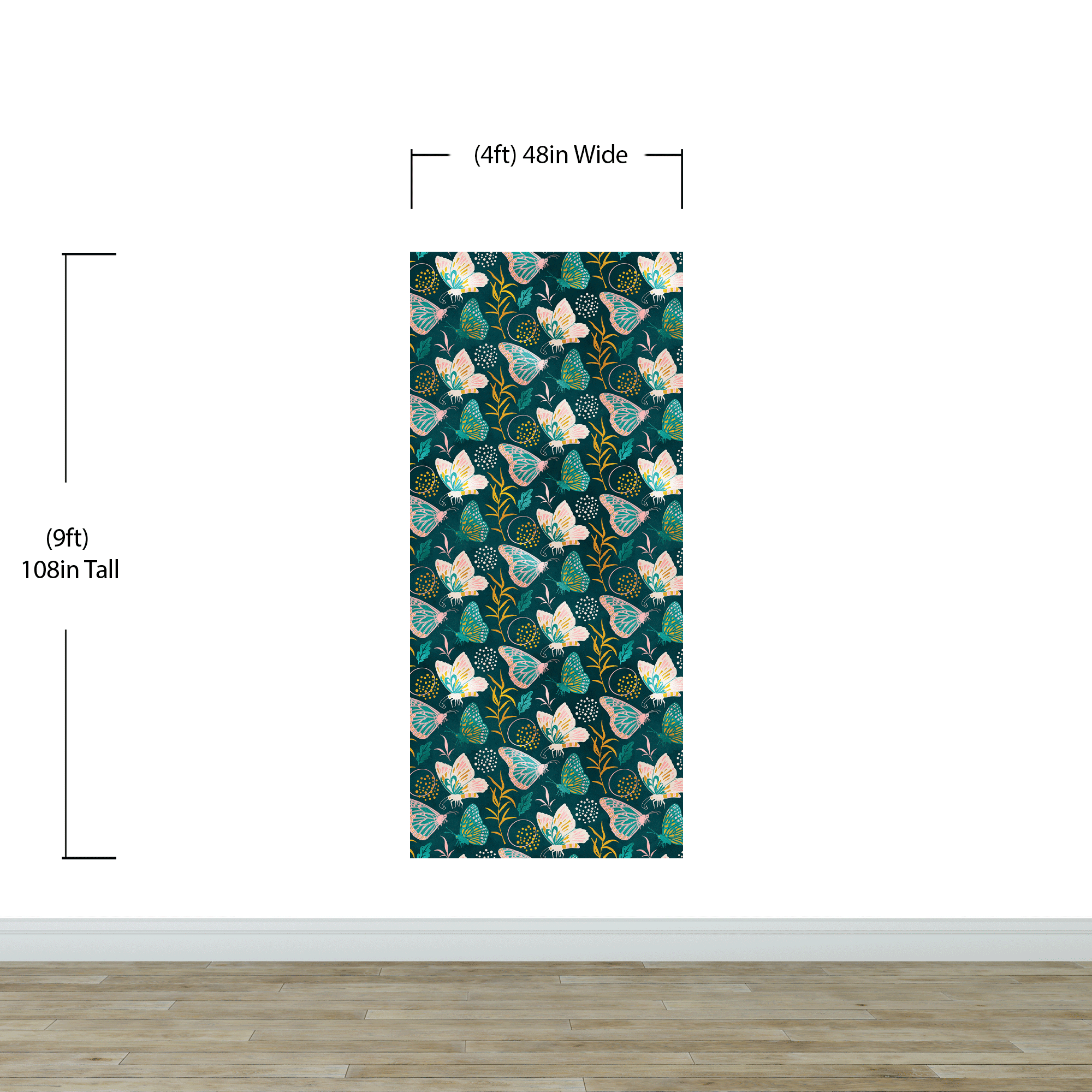 Butterfly Pattern Wall Mural. Retro Green and Gold Color Illustration Design. Bedroom, Nursery, Home Decor. #6435