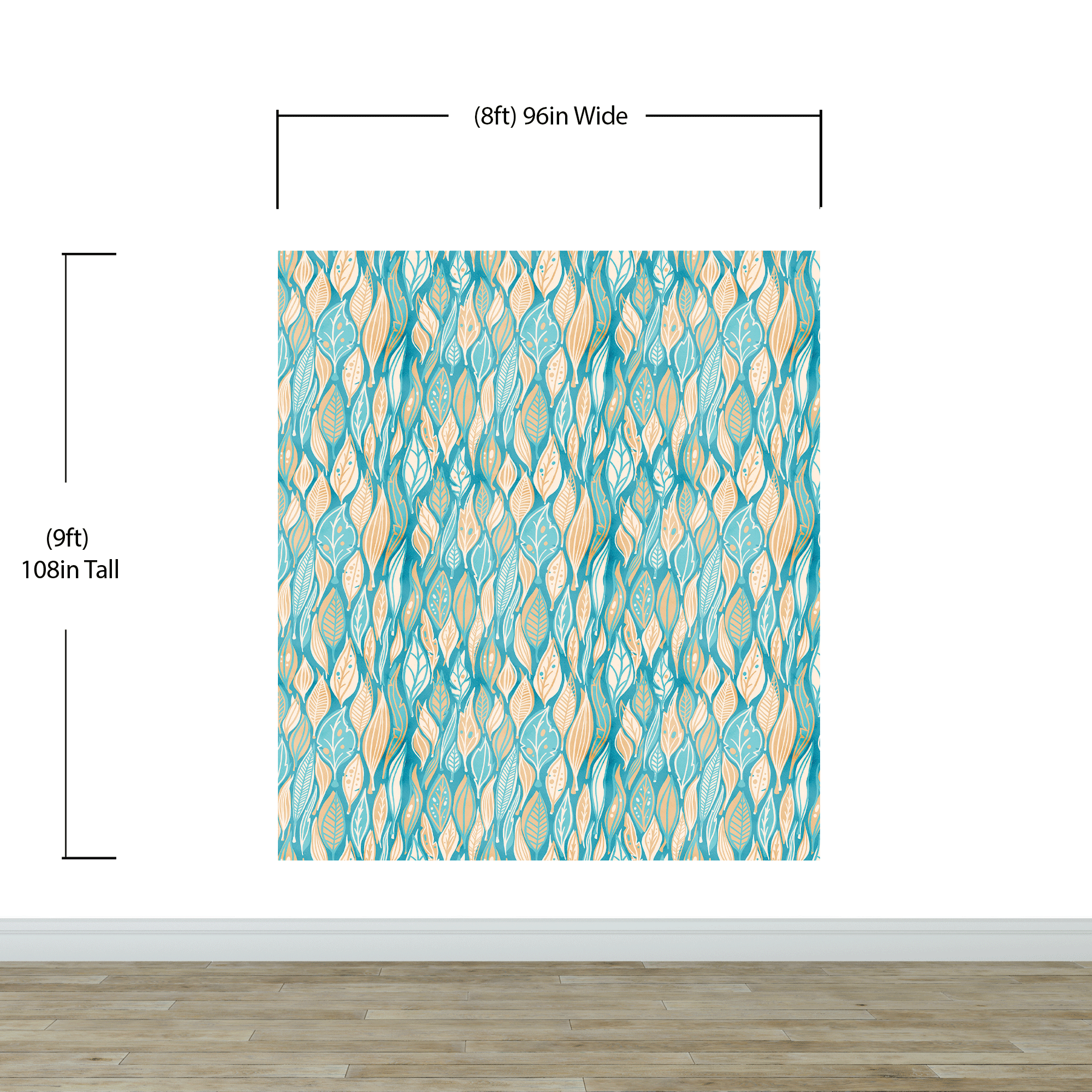 Teal Color Autumn Leaves Pattern Wall Mural. Retro Illustration Foliage Pattern. #6438