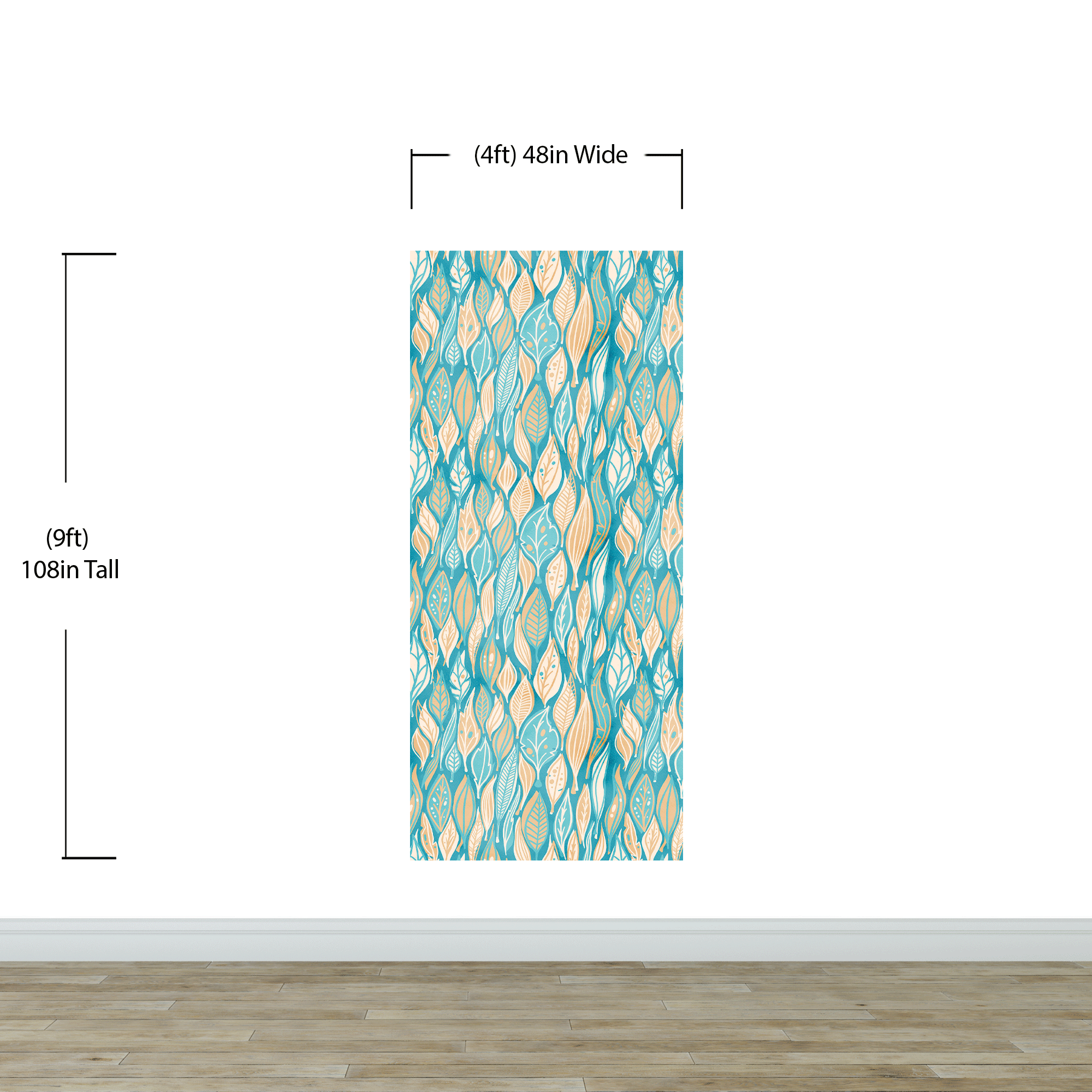 Teal Color Autumn Leaves Pattern Wall Mural. Retro Illustration Foliage Pattern. #6438