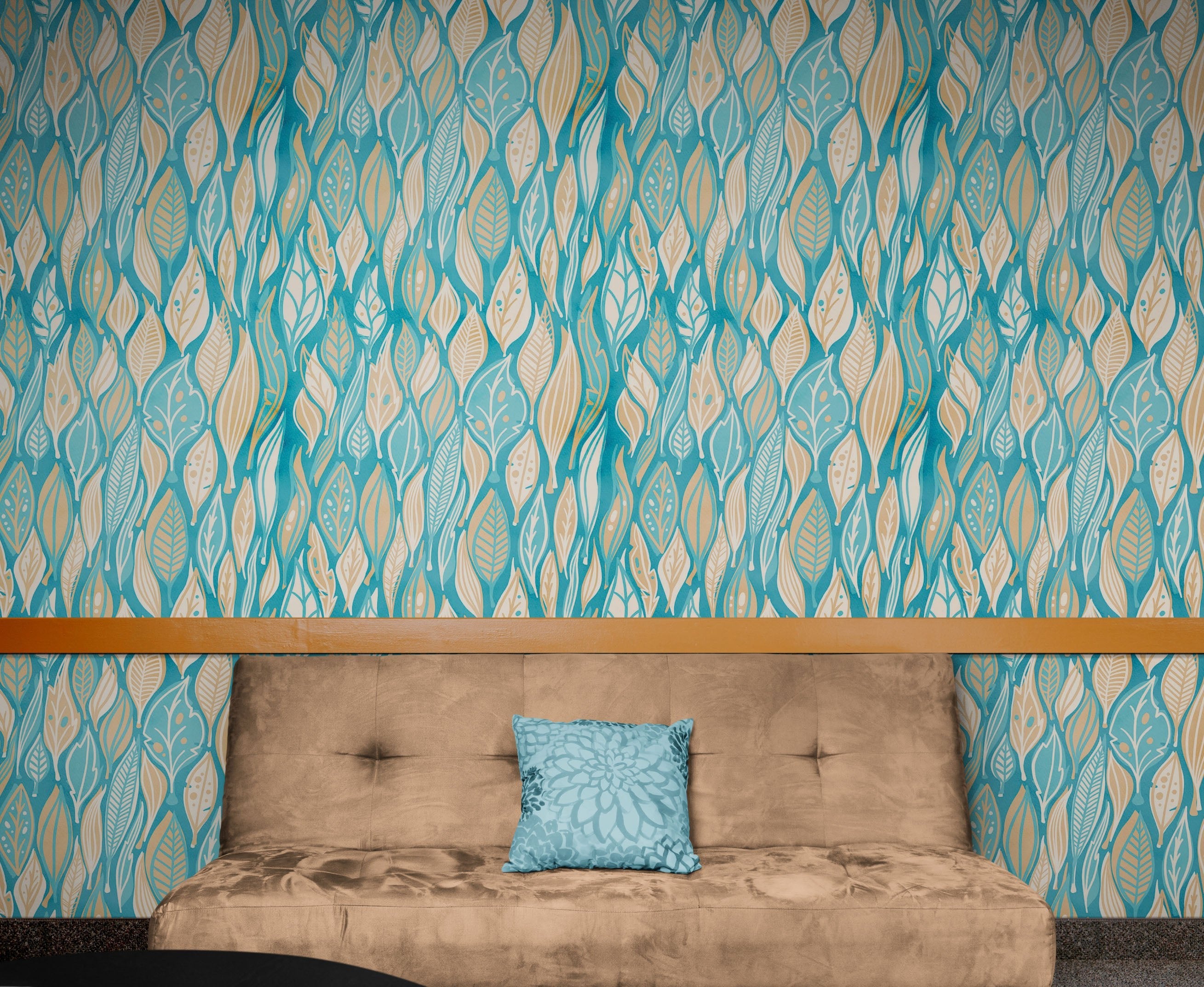 Teal Color Autumn Leaves Pattern Wall Mural. Retro Illustration Foliage Pattern. #6438