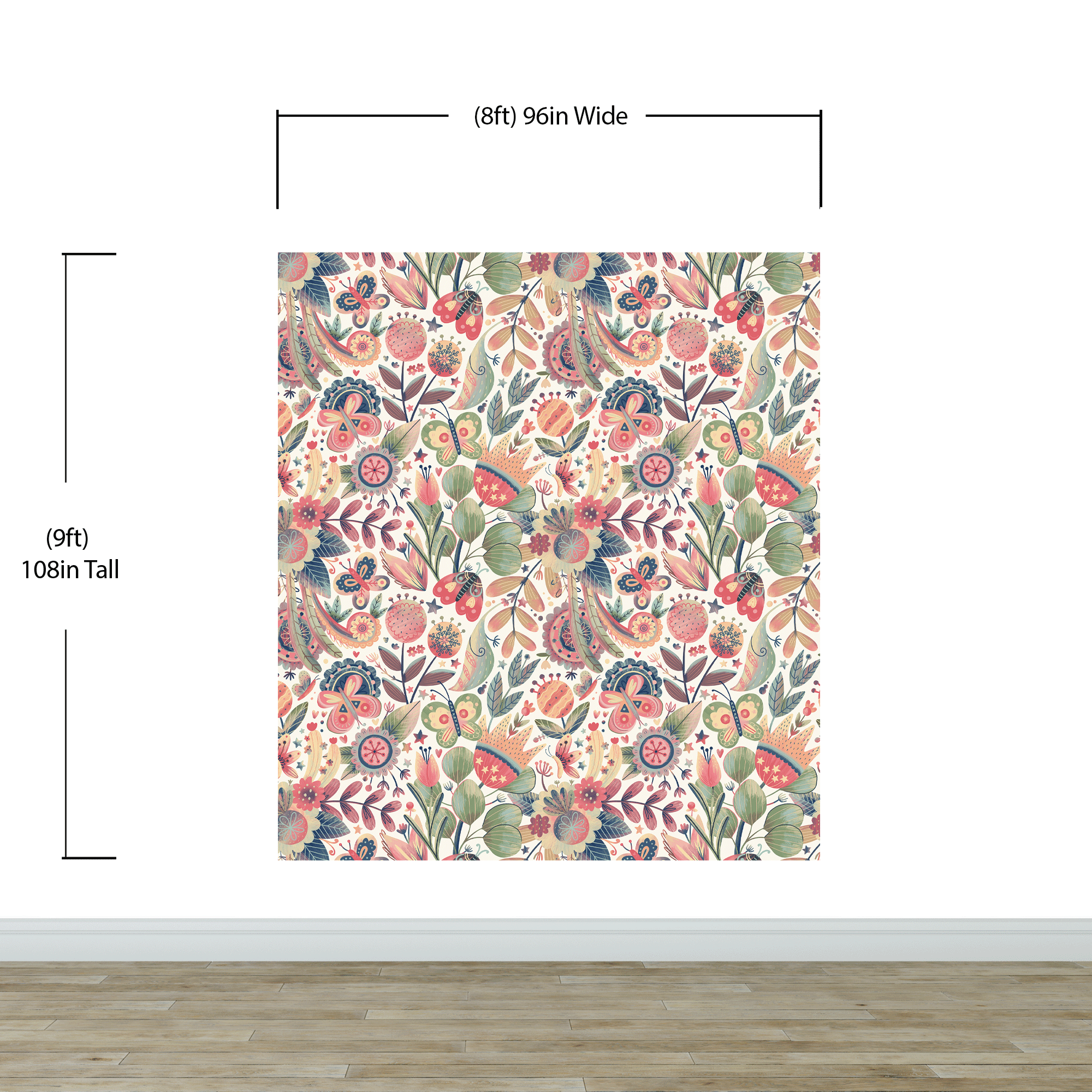 Flower Garden Illustration Wall Mural. Pastel Color Pattern Nursery, Bedroom, Kid’s Room Wall Decor. Peel and Stick Wallpaper. #6448