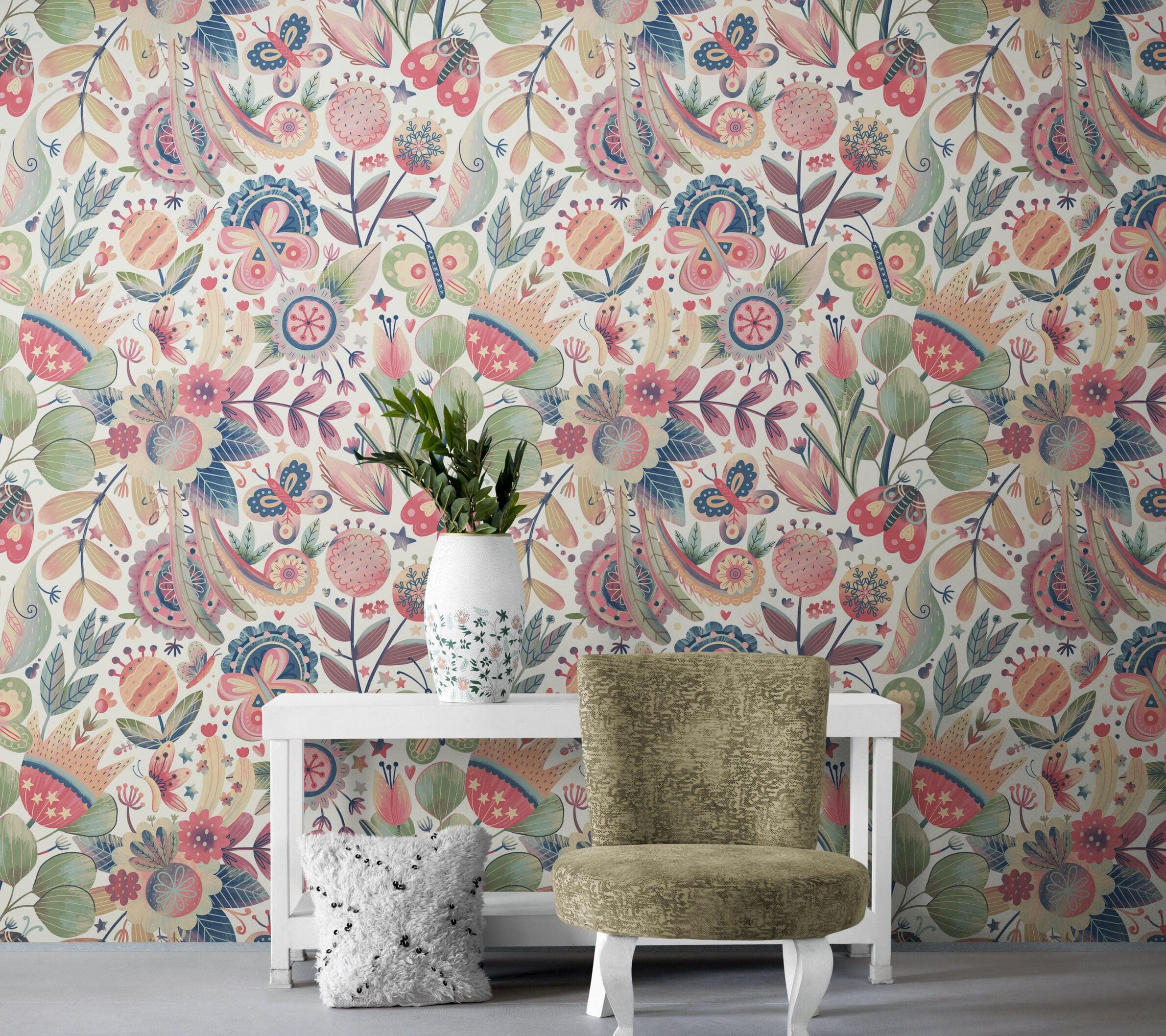 Flower Garden Illustration Wall Mural. Pastel Color Pattern Nursery, Bedroom, Kid’s Room Wall Decor. Peel and Stick Wallpaper. #6448